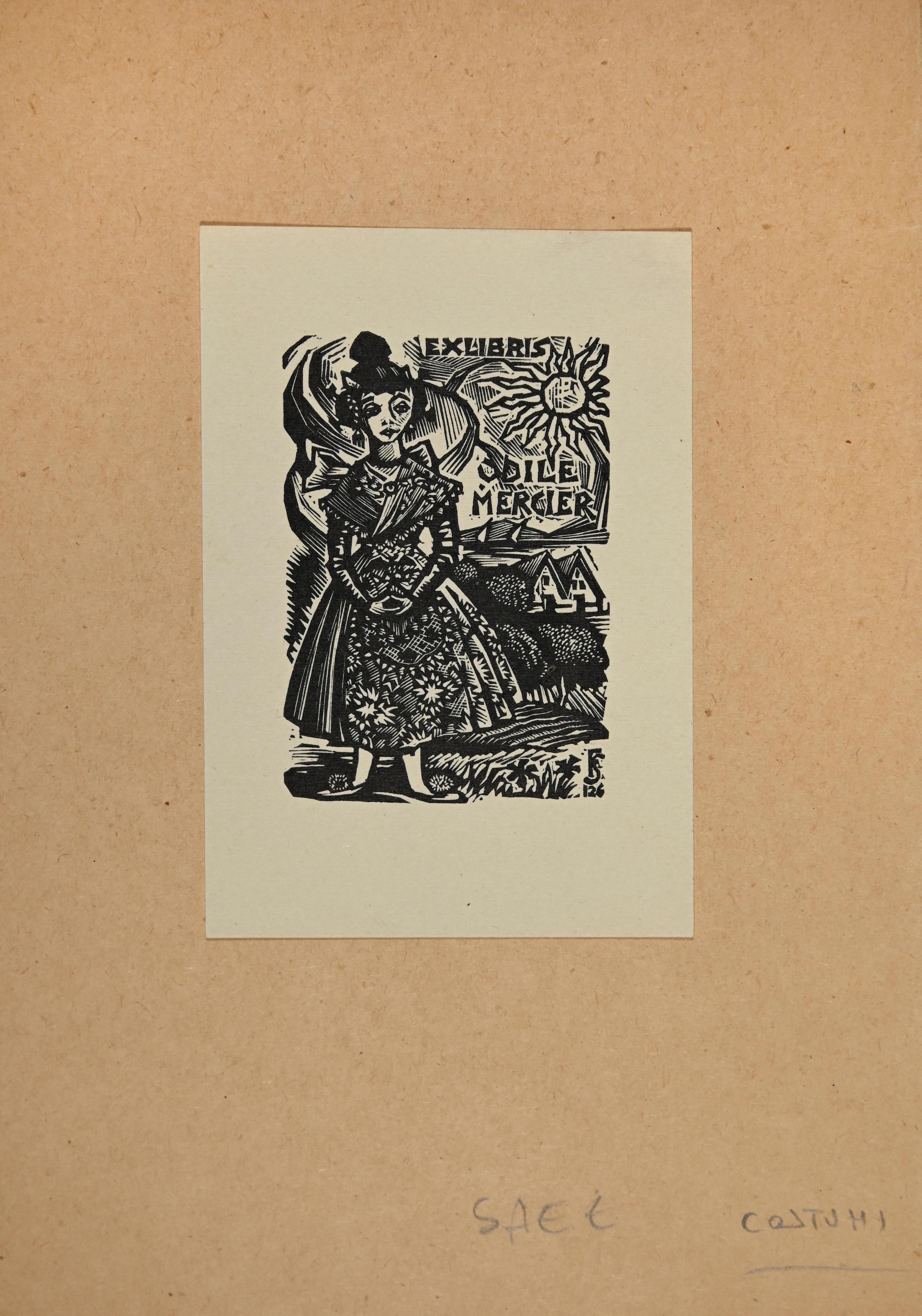 Unknown Figurative Print - Ex-Libris - Mercier - Woodcut- Mid 20th Century