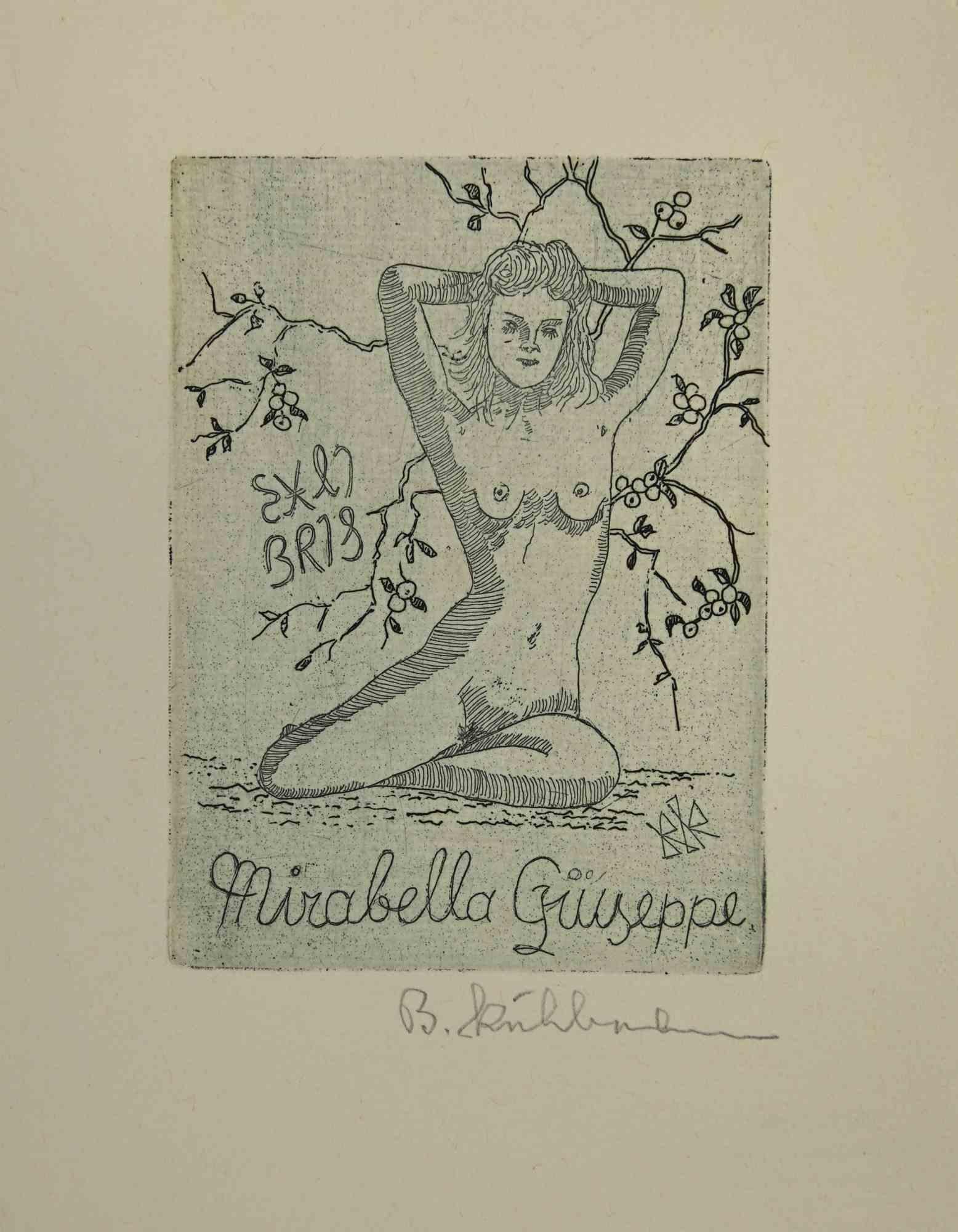 Unknown Figurative Print - Ex-Libris - Mirabella Giuseppe - woodcut - Mid 20th Century