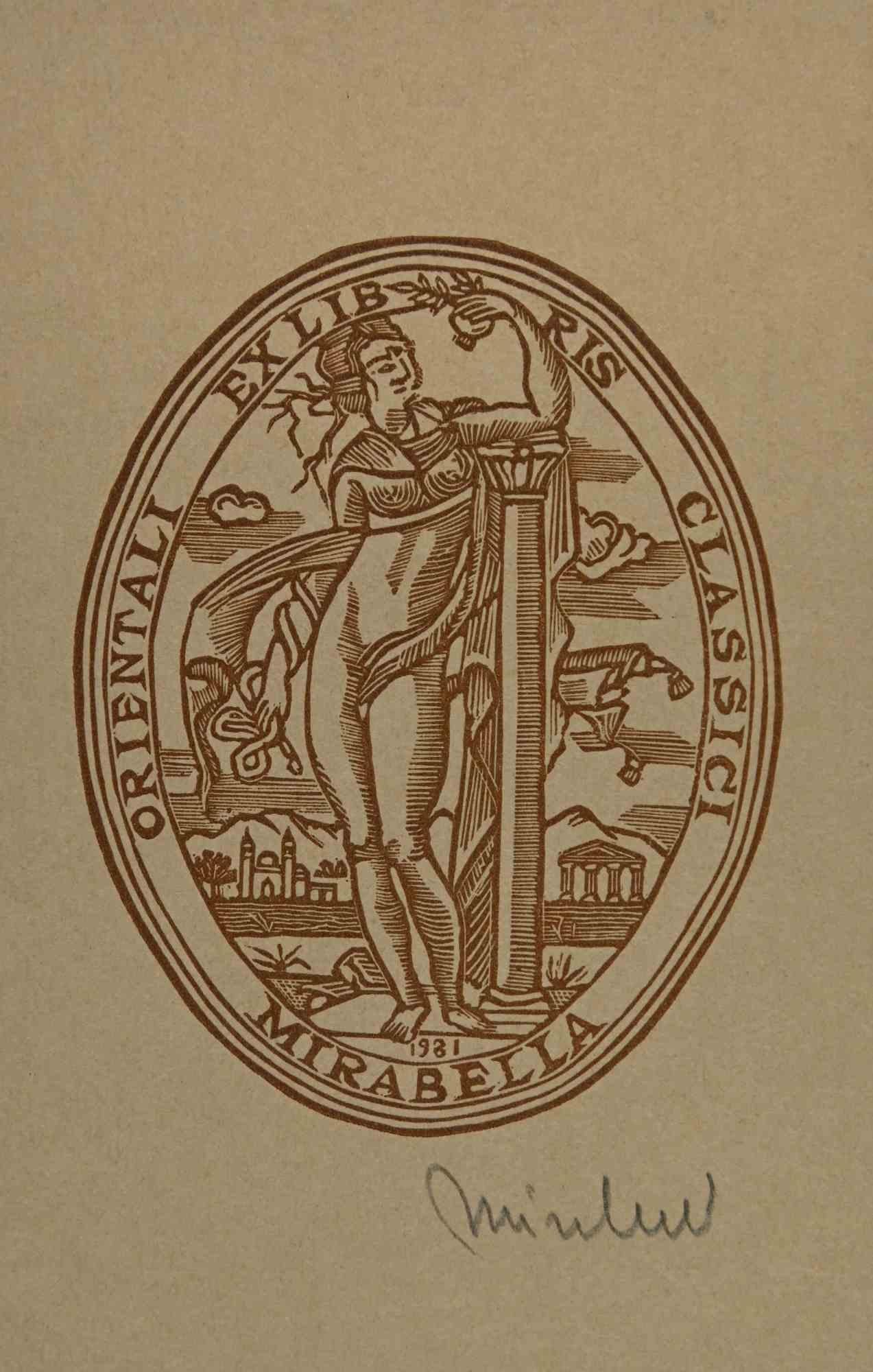 Unknown Figurative Print – Ex-Libris – Mirabella – Holzschnitt – Mitte des 20. Jahrhunderts