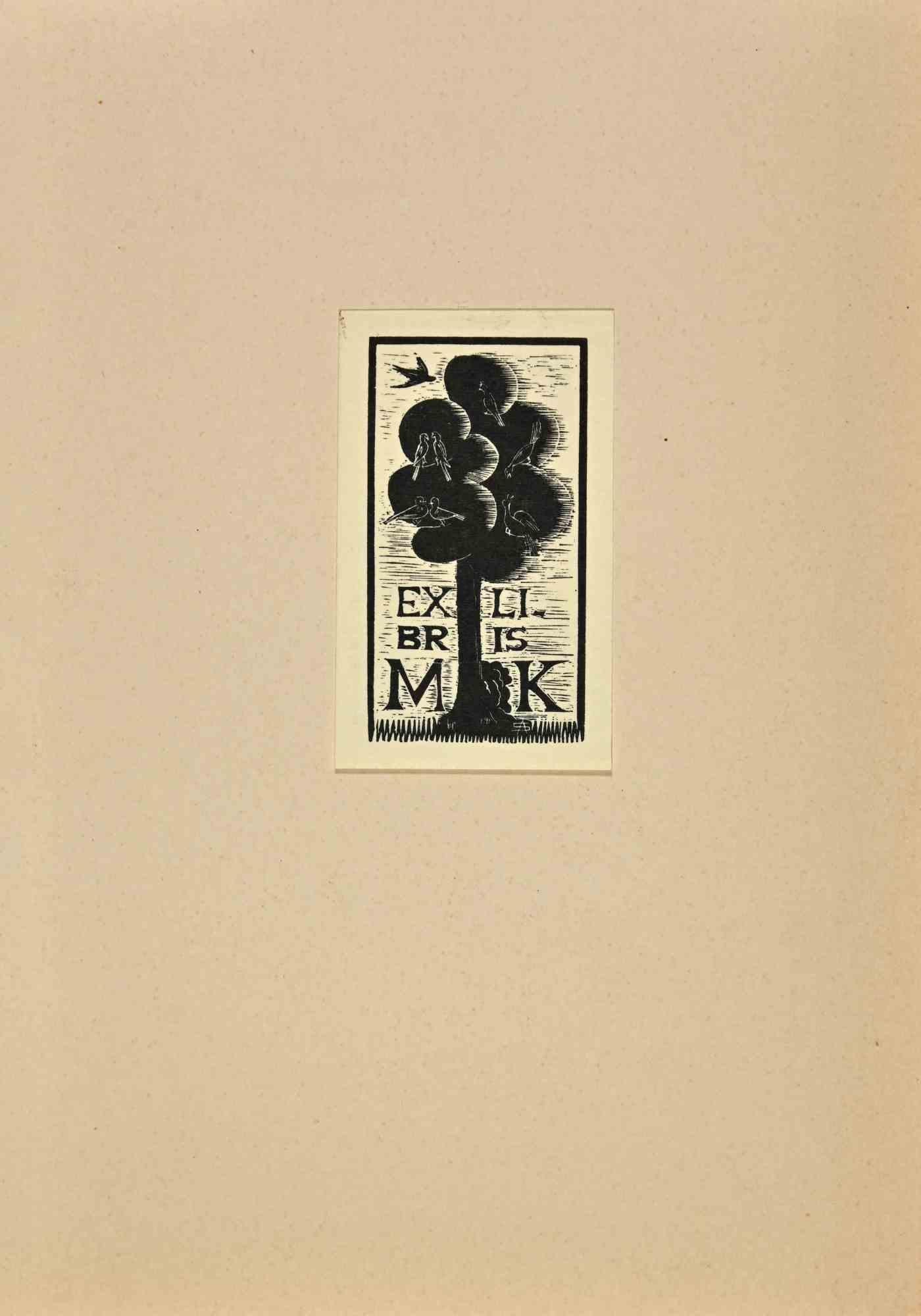 Unknown Figurative Print - Ex Libris - MK - Woodcut - Mid 20th Century