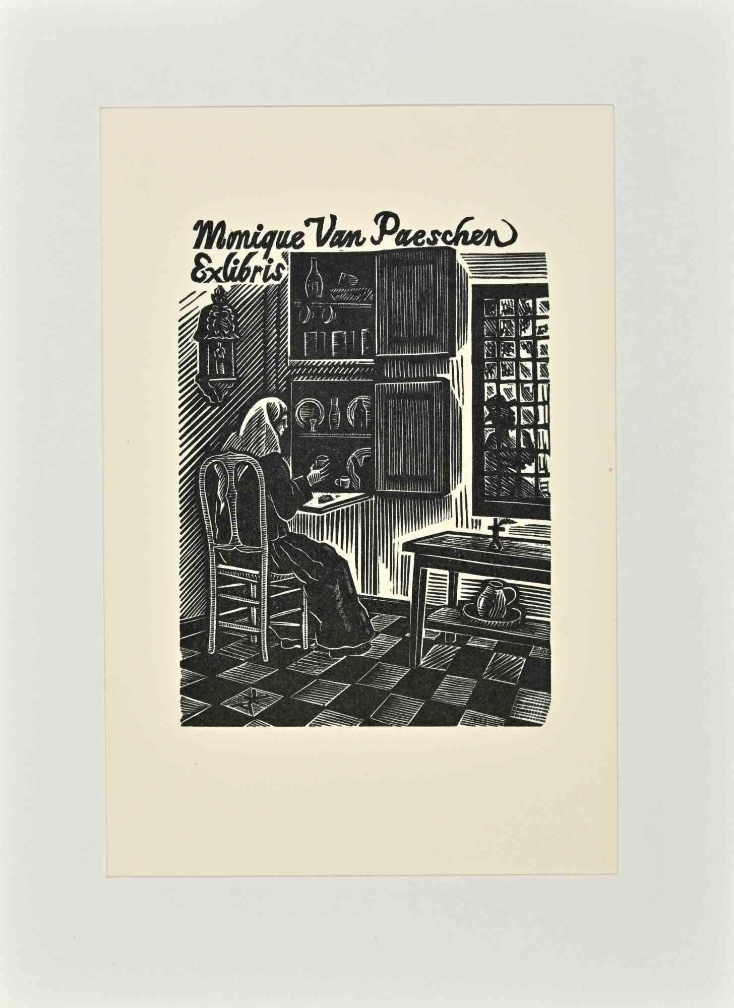 Unknown Figurative Print - Ex Libris   - Monique Van Paeschen - Woodcut - Mid 20th Century