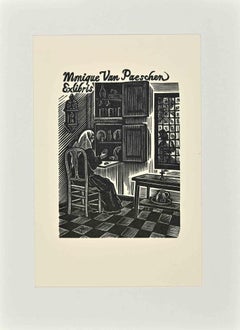 Vintage  Ex Libris   - Monique Van Paeschen - Woodcut - Mid 20th Century