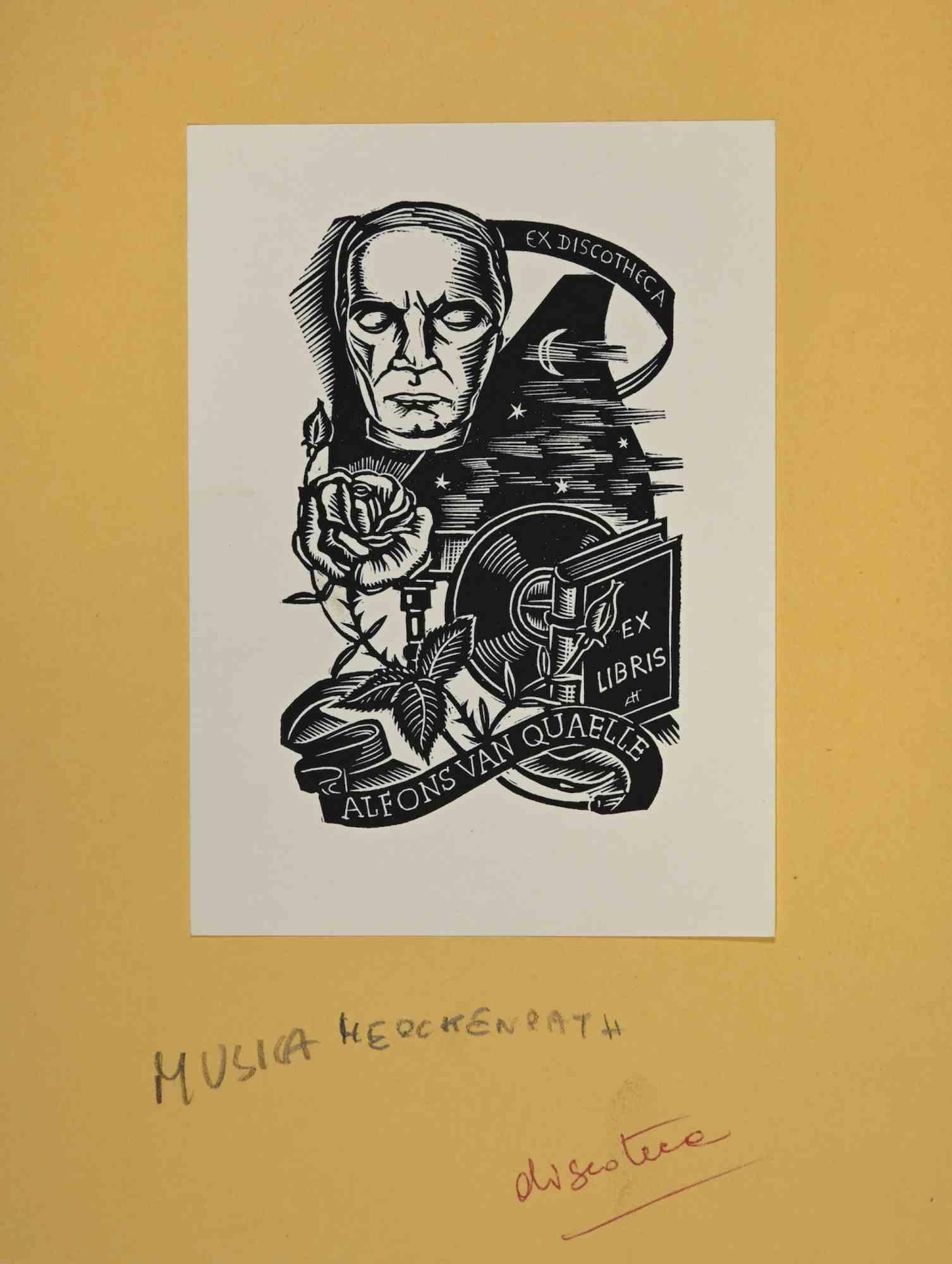 Unknown Figurative Print – Ex-Libris – Musik, Alfons Van Quelle – Holzschnittdruck – Mitte des 20. Jahrhunderts