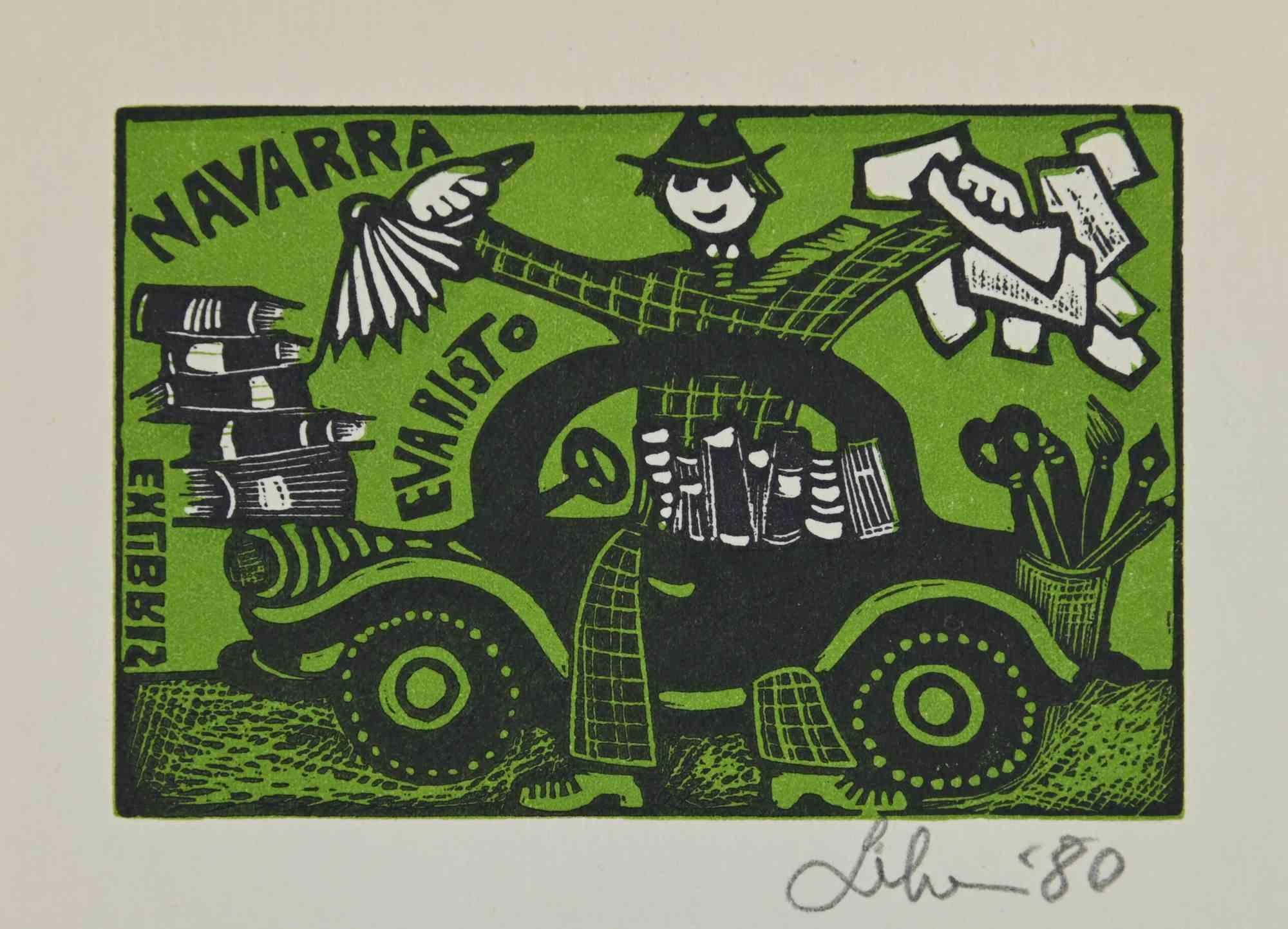 Unknown Figurative Print – Ex-Libris – Navarra – Holzschnitt – Mitte des 20. Jahrhunderts