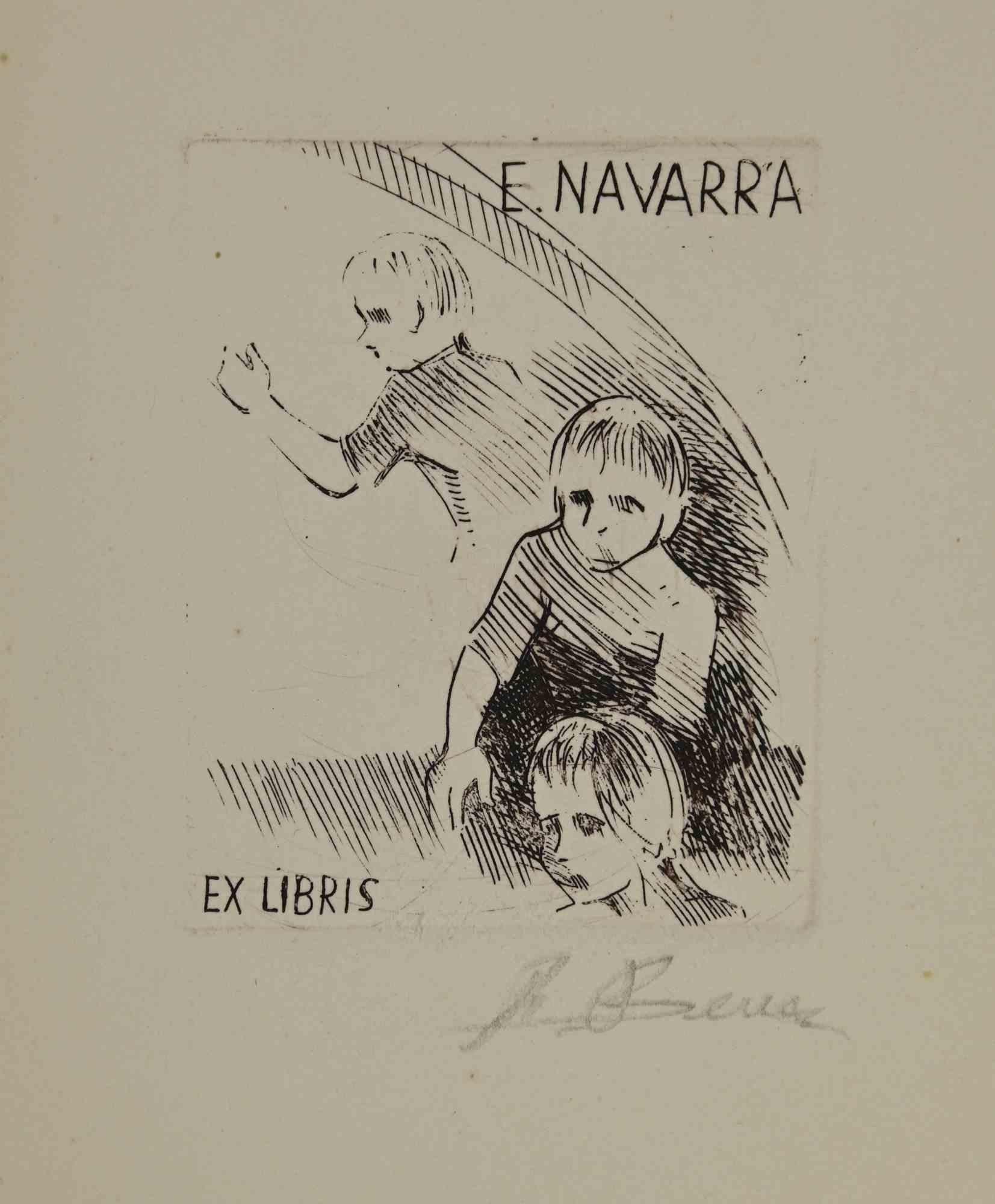 Unknown Figurative Print – Ex-Libris – Navarra – Holzschnitt – Mitte des 20. Jahrhunderts