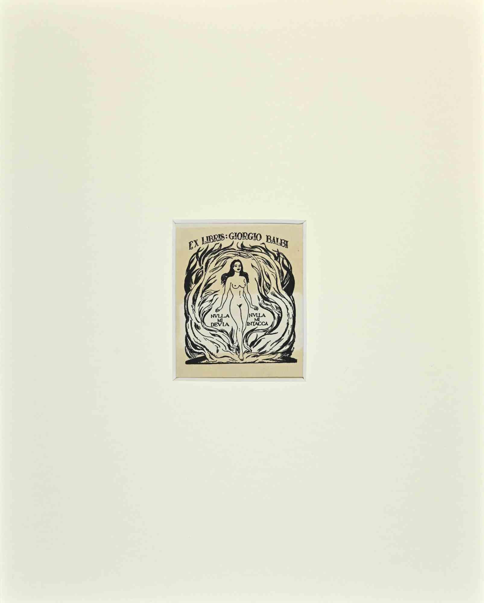 Figurative Print di Unknown - Ex Libris  - Nulla mi Devia - Xilografia - Metà del XX secolo