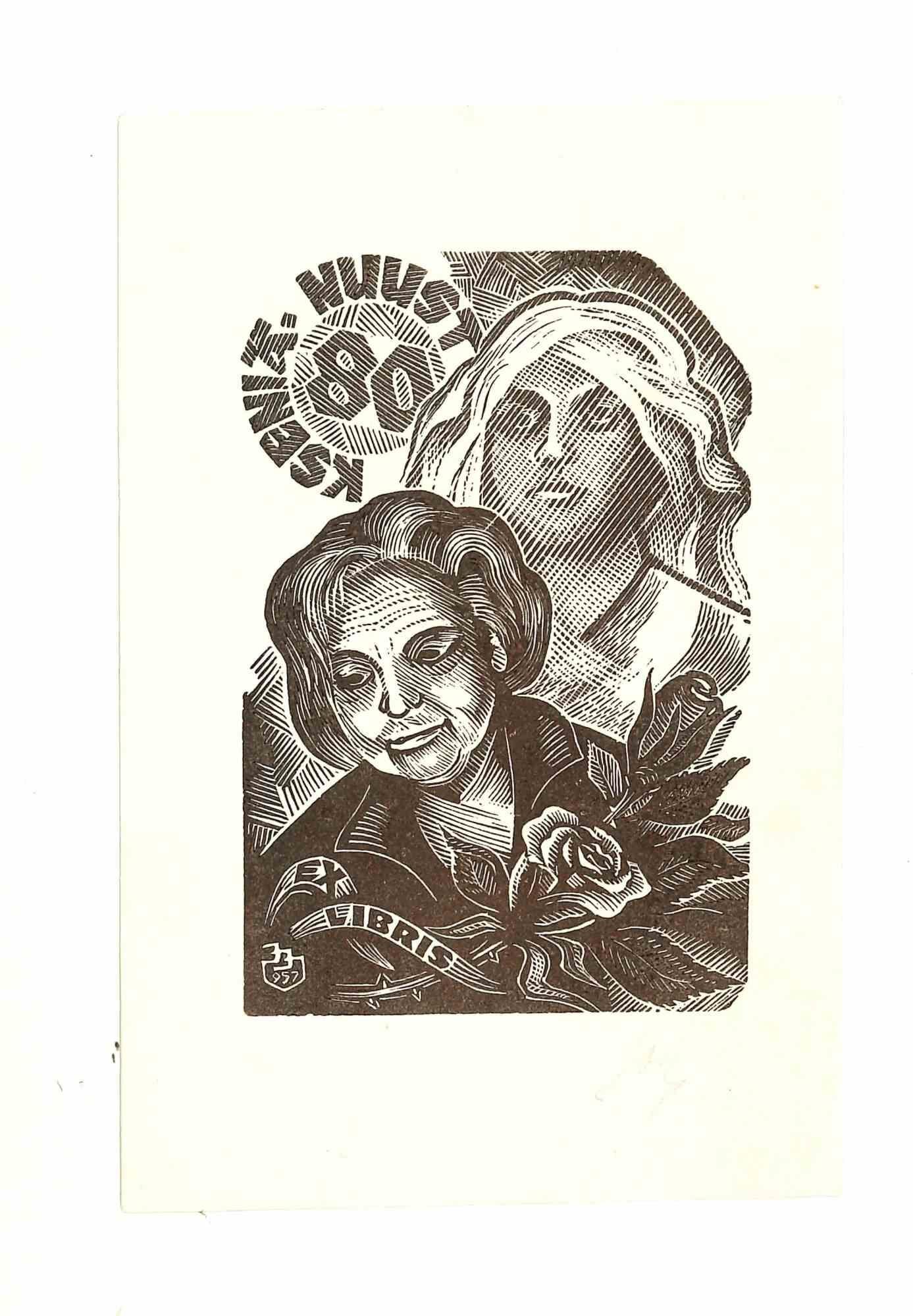 Unknown Figurative Print - Ex Libris Nuust - Original Woodcut - 1980s