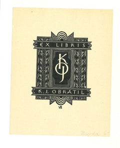 Vintage Ex Libris Obratil - Woodcut Print - Mid-20th Century