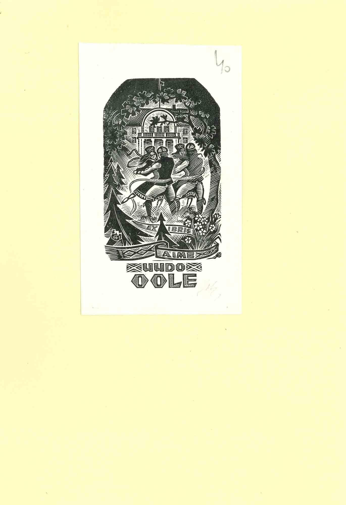 Unknown Figurative Print - Ex Libris OOle - Woodcut Print - 1940s