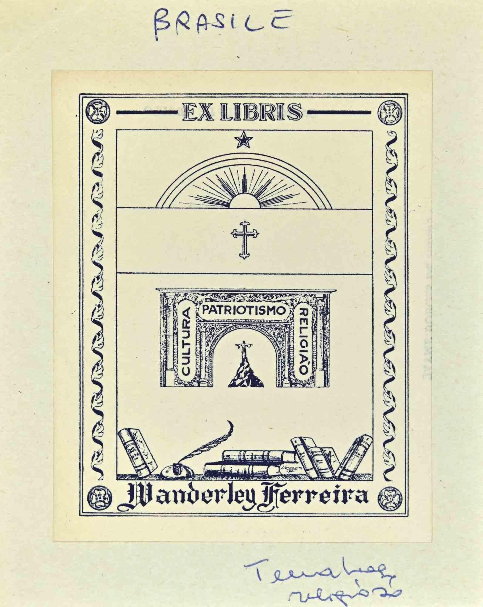 Unknown Figurative Print – Ex Libris - Patriotismo - Holzschnitt - Mitte des 20. Jahrhunderts