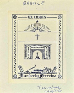 Vintage Ex Libris - Patriotismo - Woodcut - Mid 20th Century