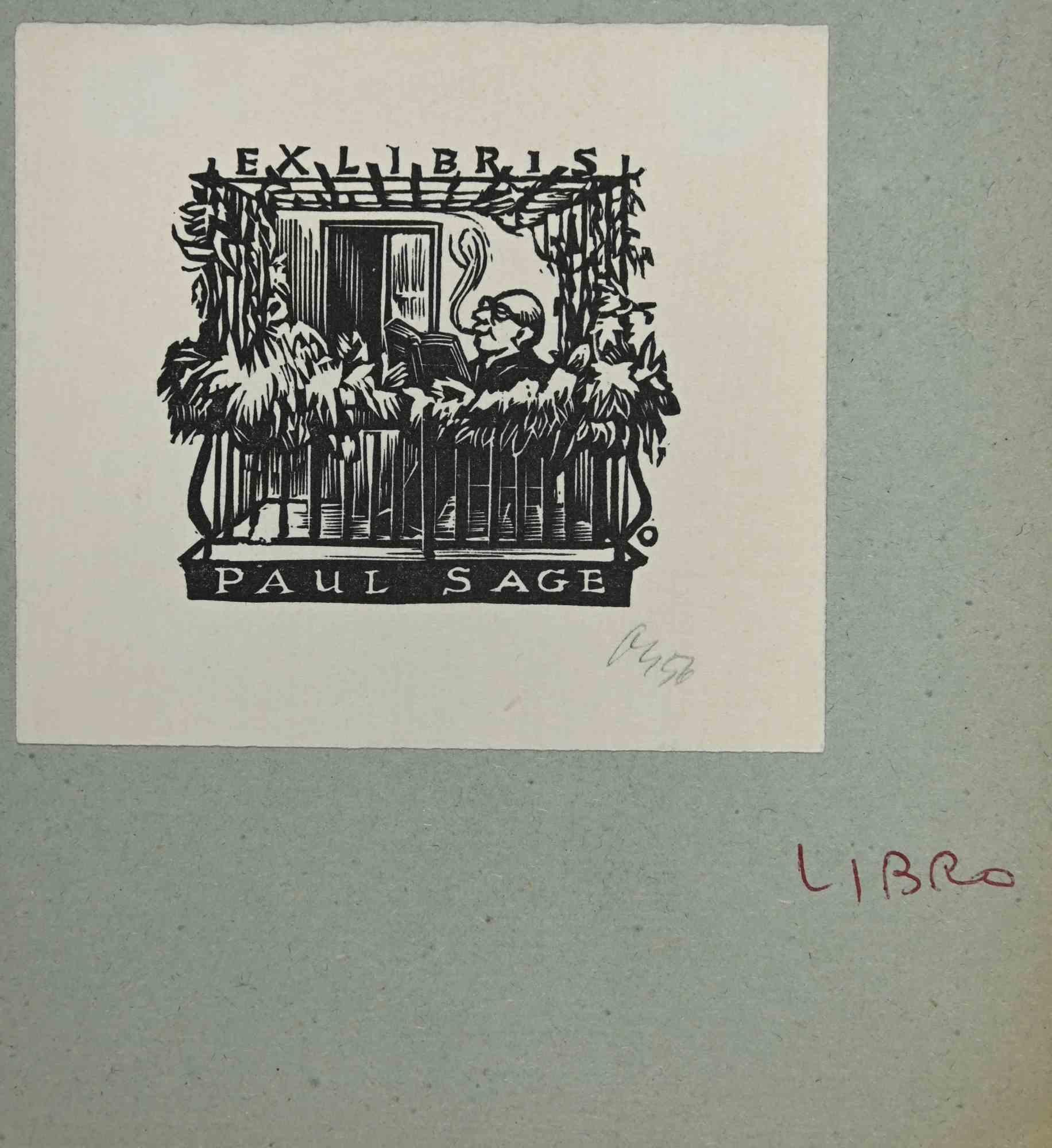 Unknown Figurative Print - Ex-Libris - Paul Sage - woodcut - Mid 20th Century