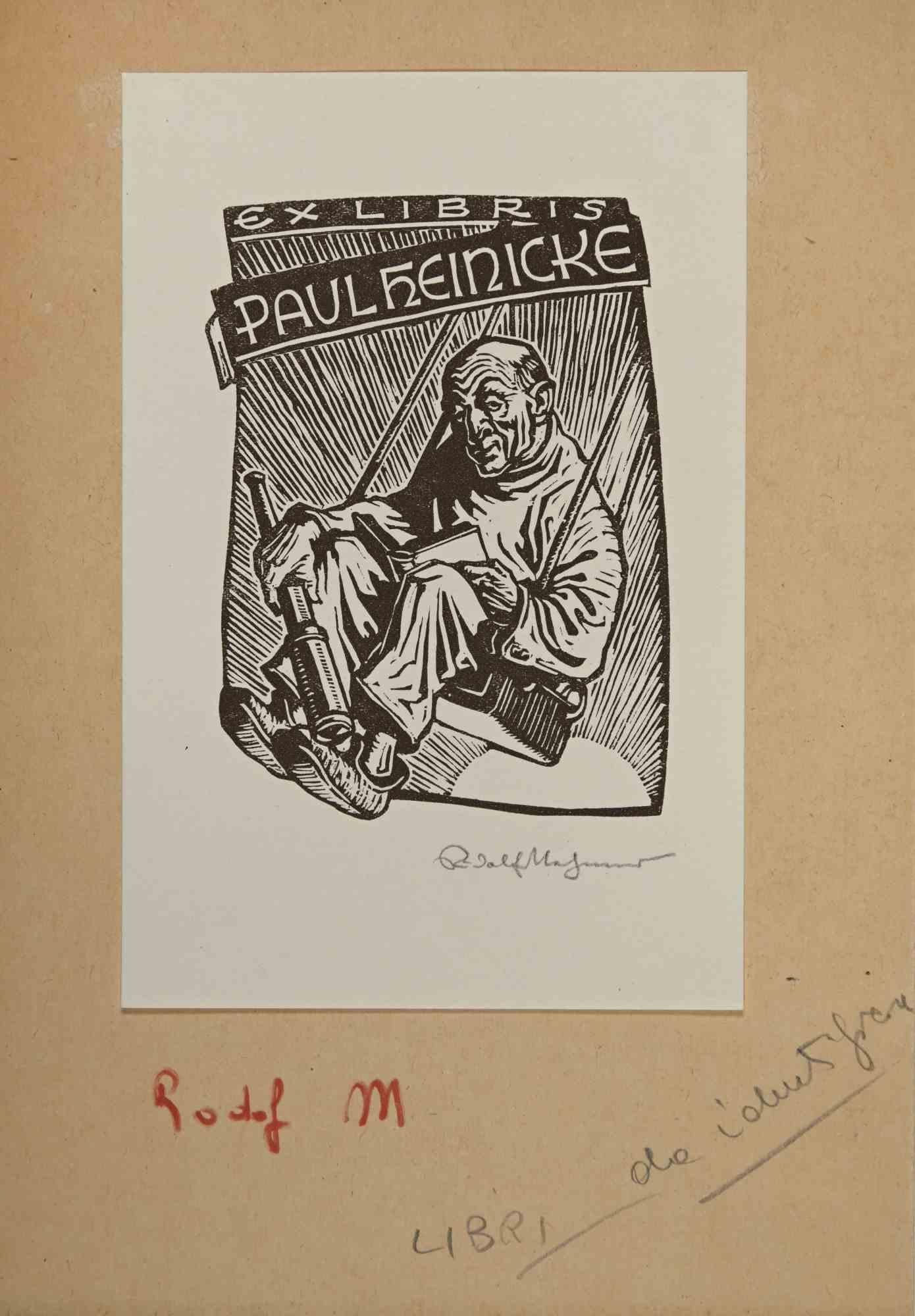 Unknown Figurative Print – Ex-Libris - Paulheinicke - Holzschnitt - Mitte des 20. Jahrhunderts