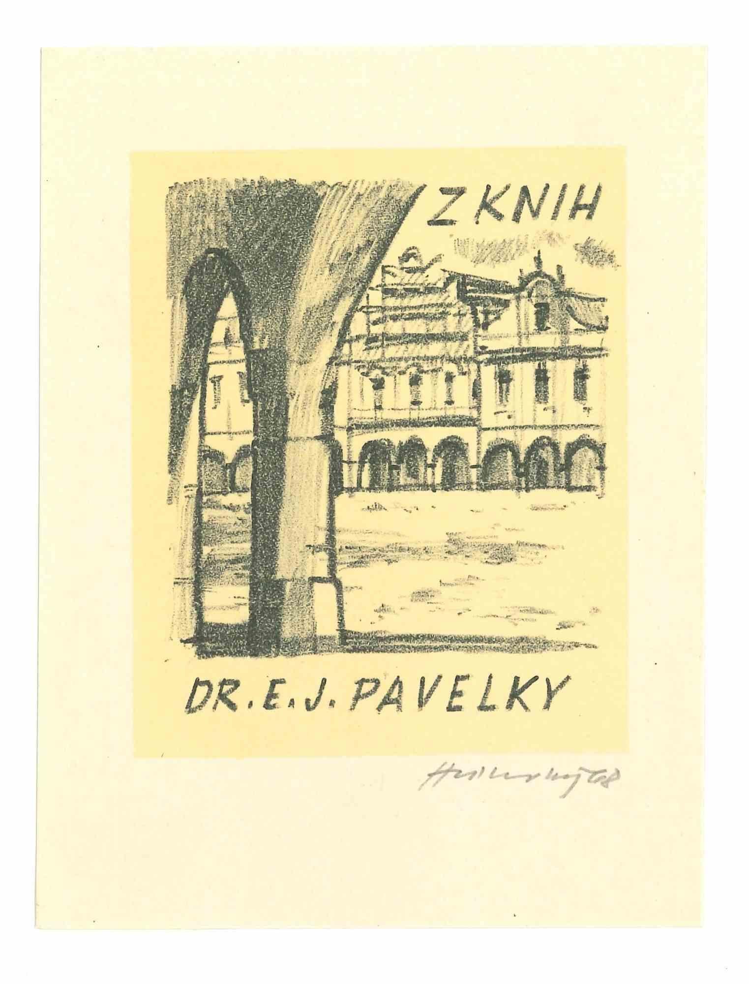 Unknown Landscape Print - Ex Libris Pavelky - Original Woodcut - 1950
