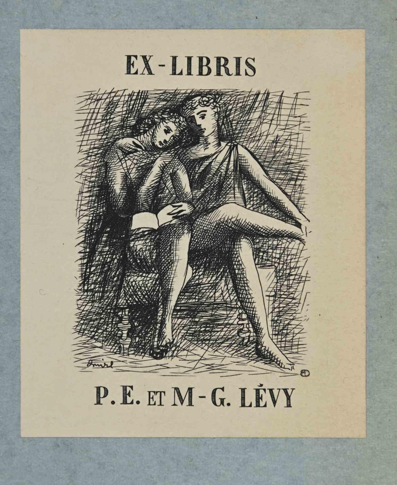 Unknown Figurative Print - Ex-Libris - P.E. et M - G.Levy - woodcut - Mid 20th Century