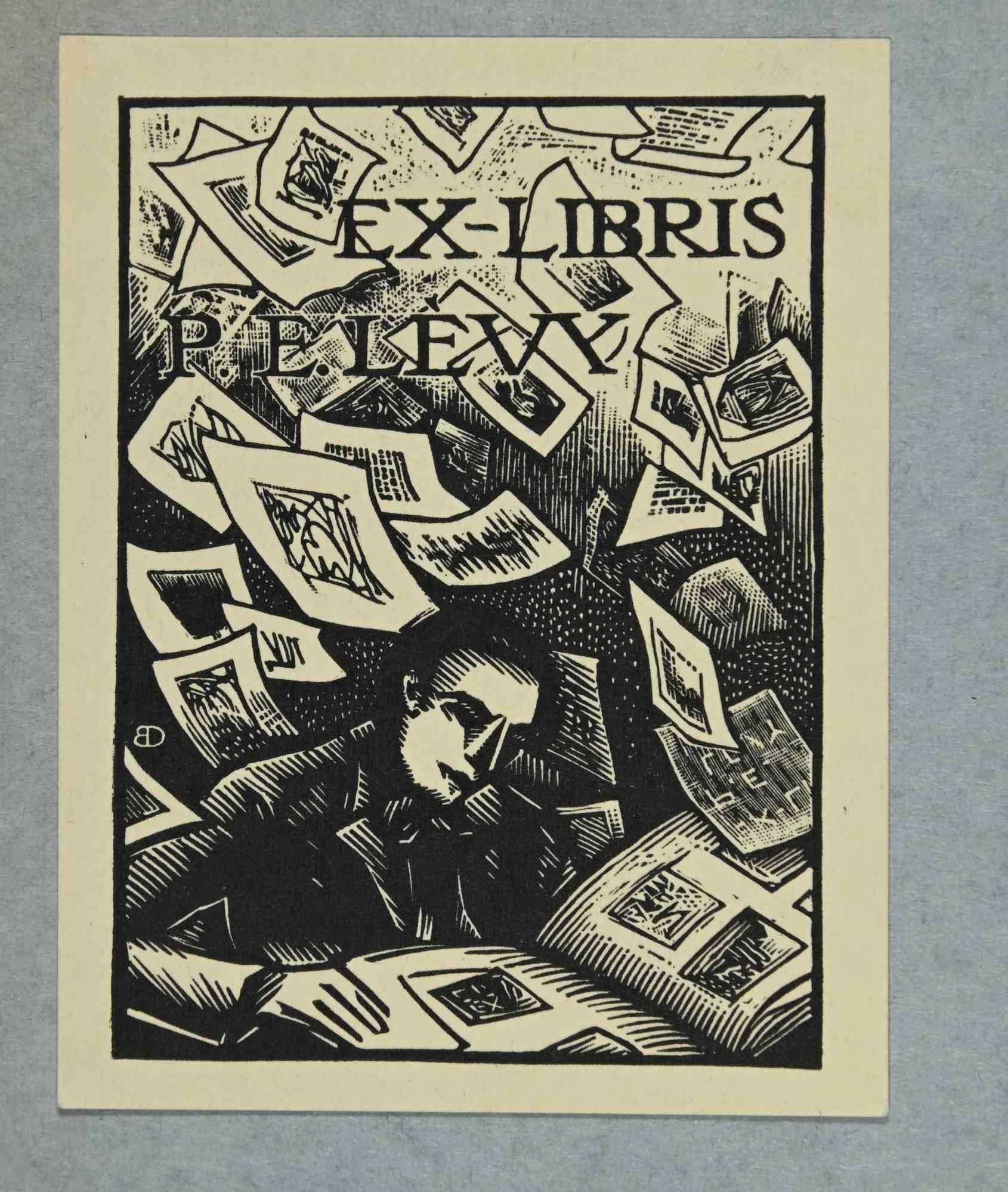 Unknown Figurative Print - Ex-Libris - P.E. Levy - woodcut - Mid 20th Century