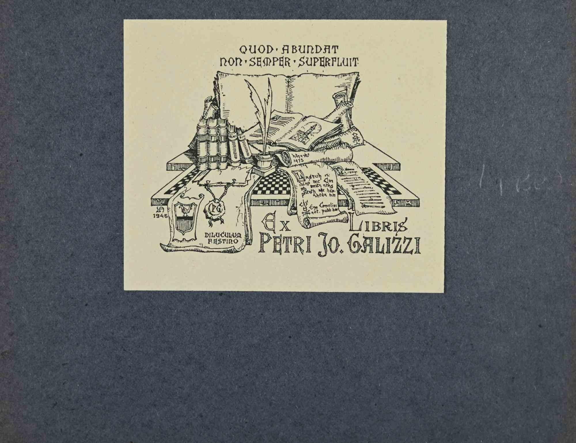 Unknown Figurative Print – Ex-Libris – Petri Galizzi – Holzschnitt – Mitte des 20. Jahrhunderts