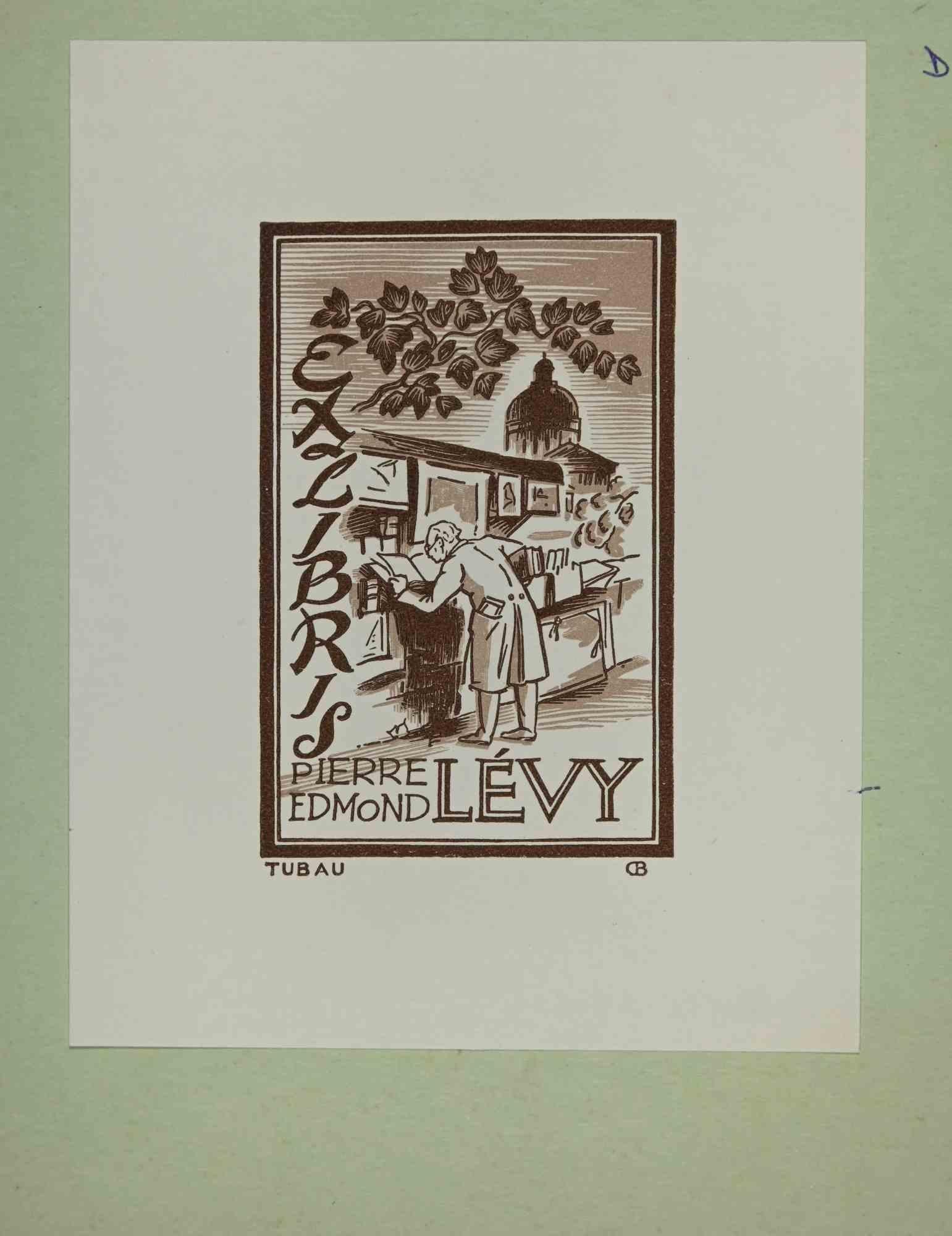 Unknown Figurative Print – Ex-Libris – Pierre Edmond Levy – Holzschnitt – Mitte des 20. Jahrhunderts