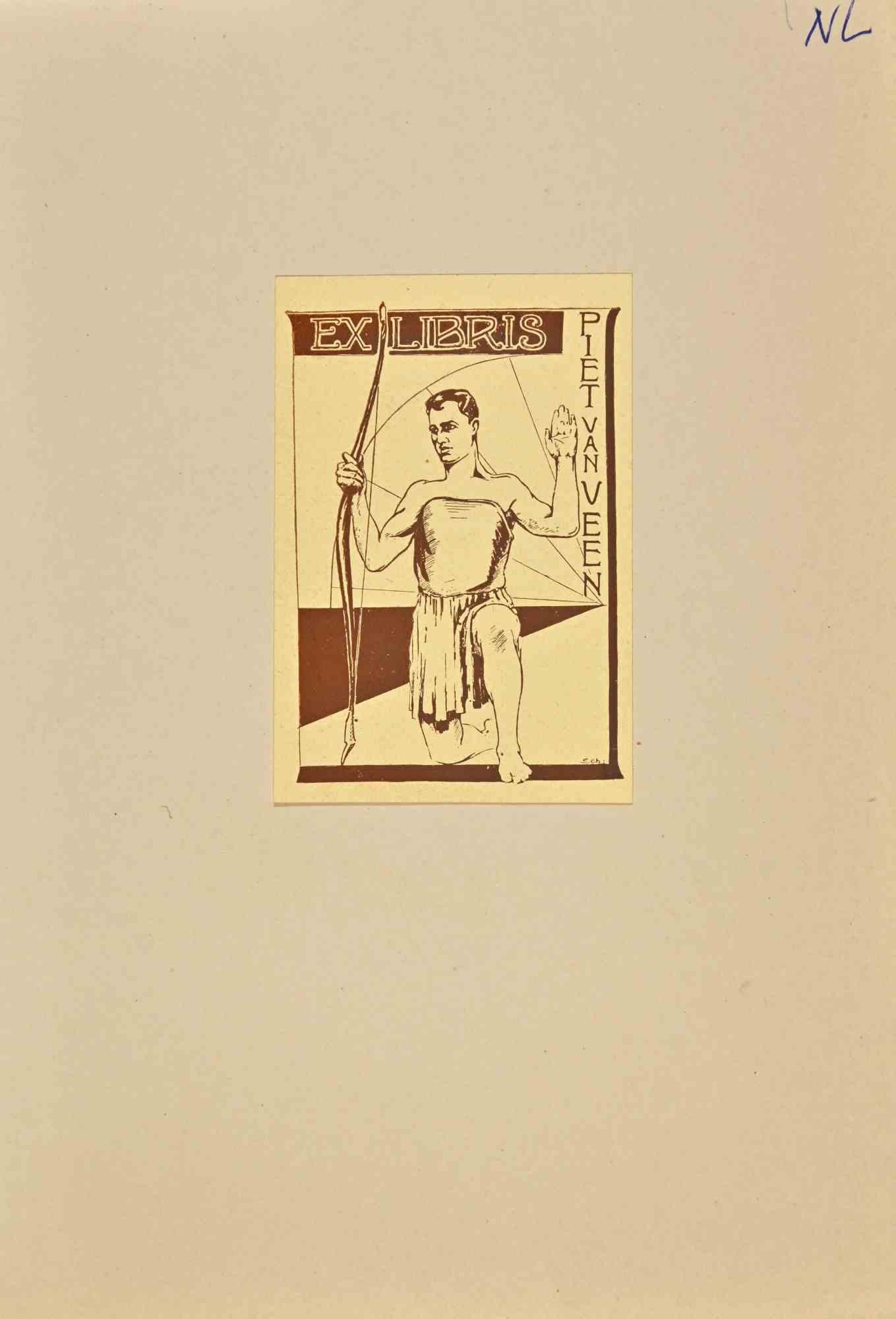 Unknown Figurative Print -  Ex Libris - Piet Van Veen - Woodcut - Mid 20th Century
