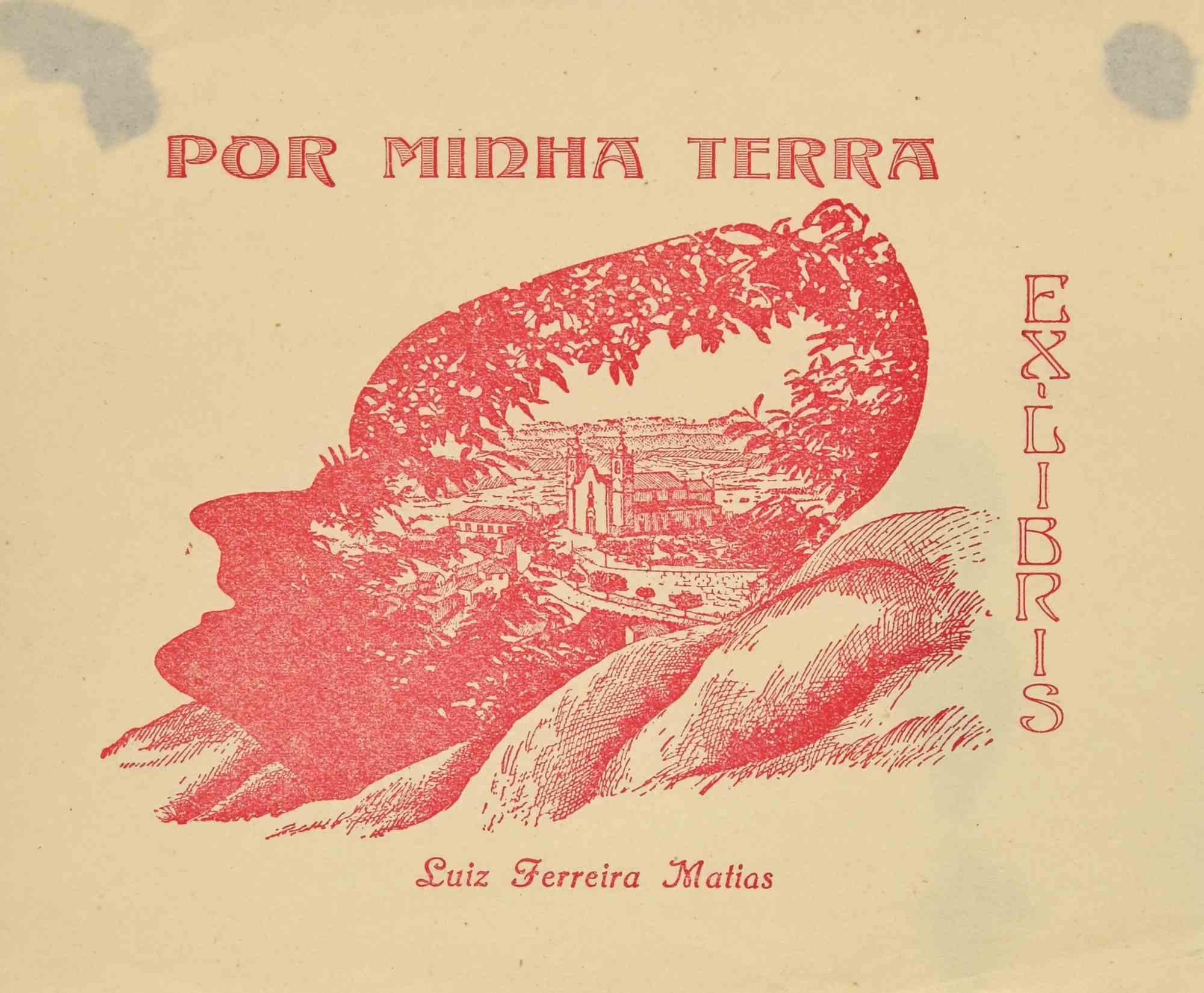 Unknown Figurative Print - Ex Libris - Por minha terra. Luiz Ferreira Matias - Woodcut - Mid 20th Century