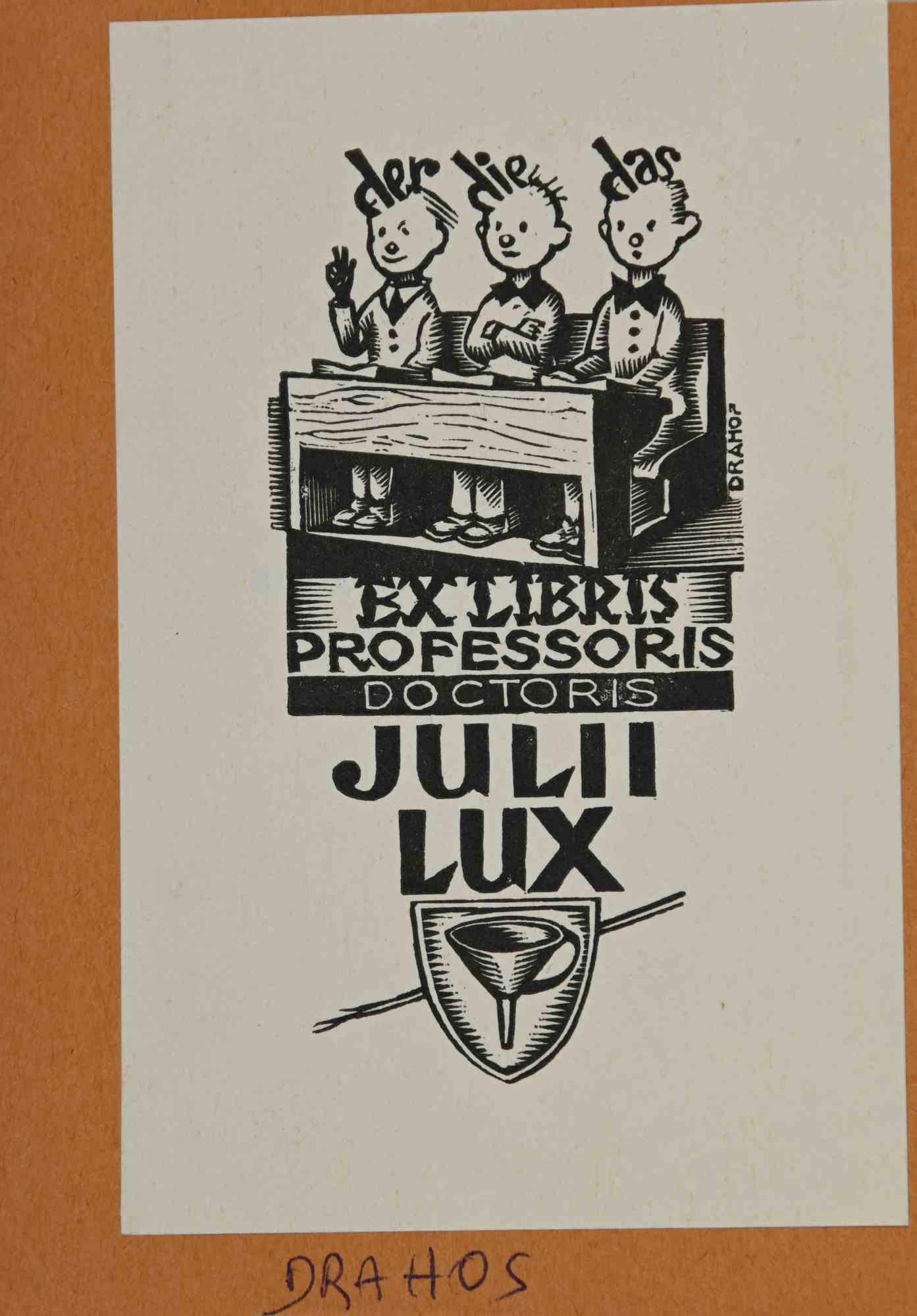 Unknown Figurative Print – Ex-Libris  Professoris – Holzschnitt – Mitte des 20. Jahrhunderts