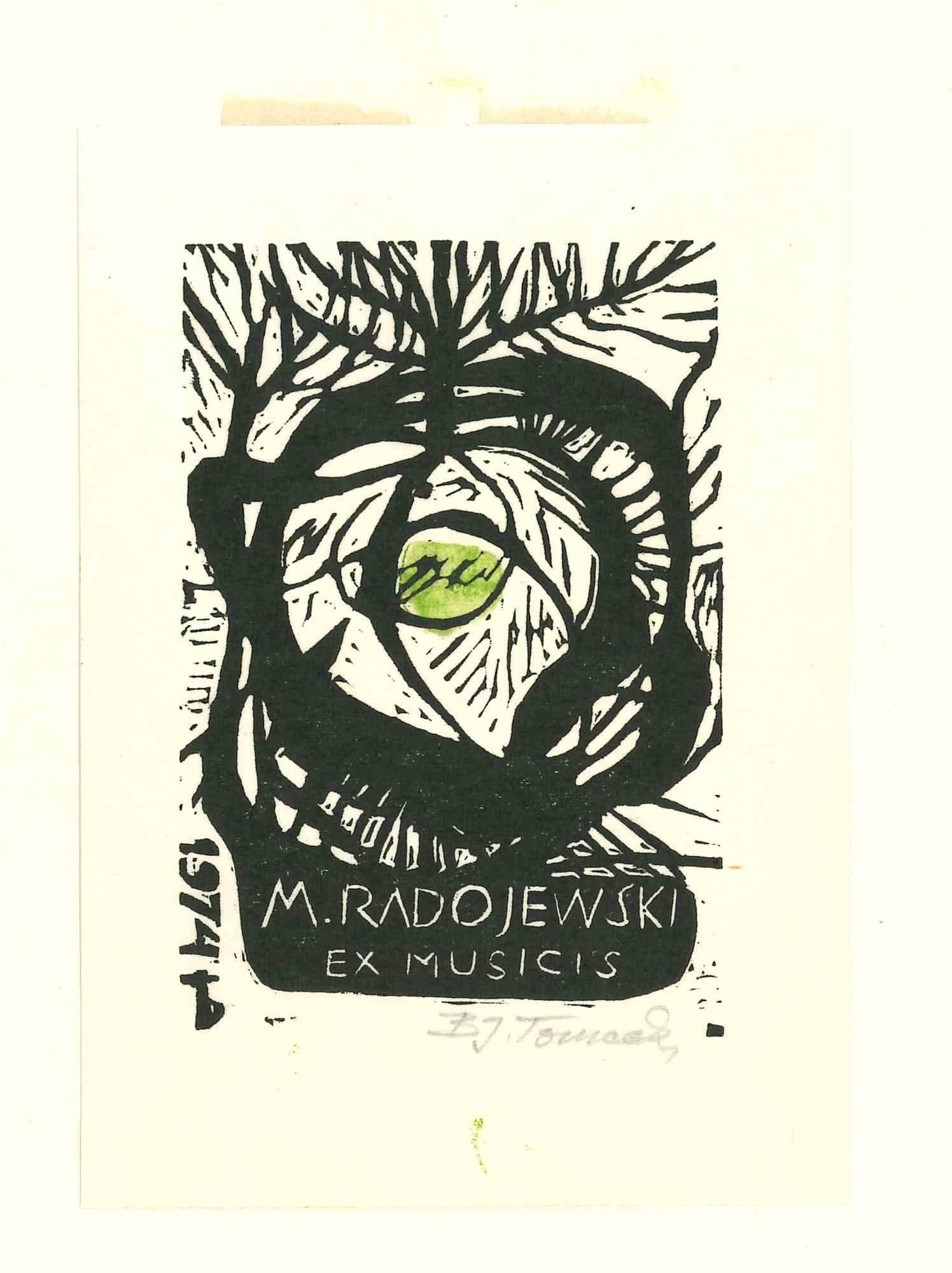 Unknown Abstract Print - Ex Libris Radojewski Ex Musicis - Original Woodcut - Mid-20th Century