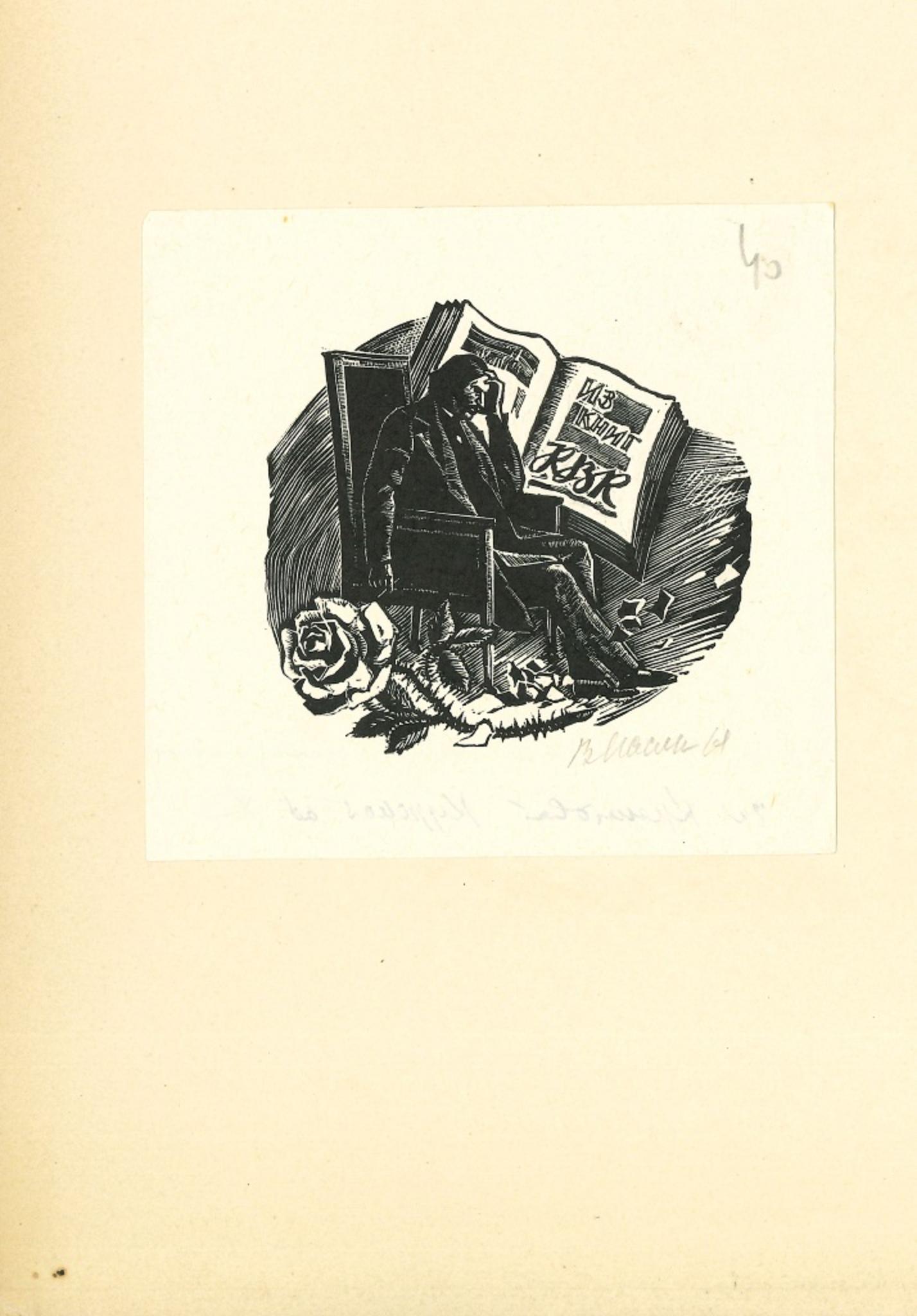 Unknown Figurative Print - Ex Libris RBR - Original Woodcut Print - Mid-20th Century
