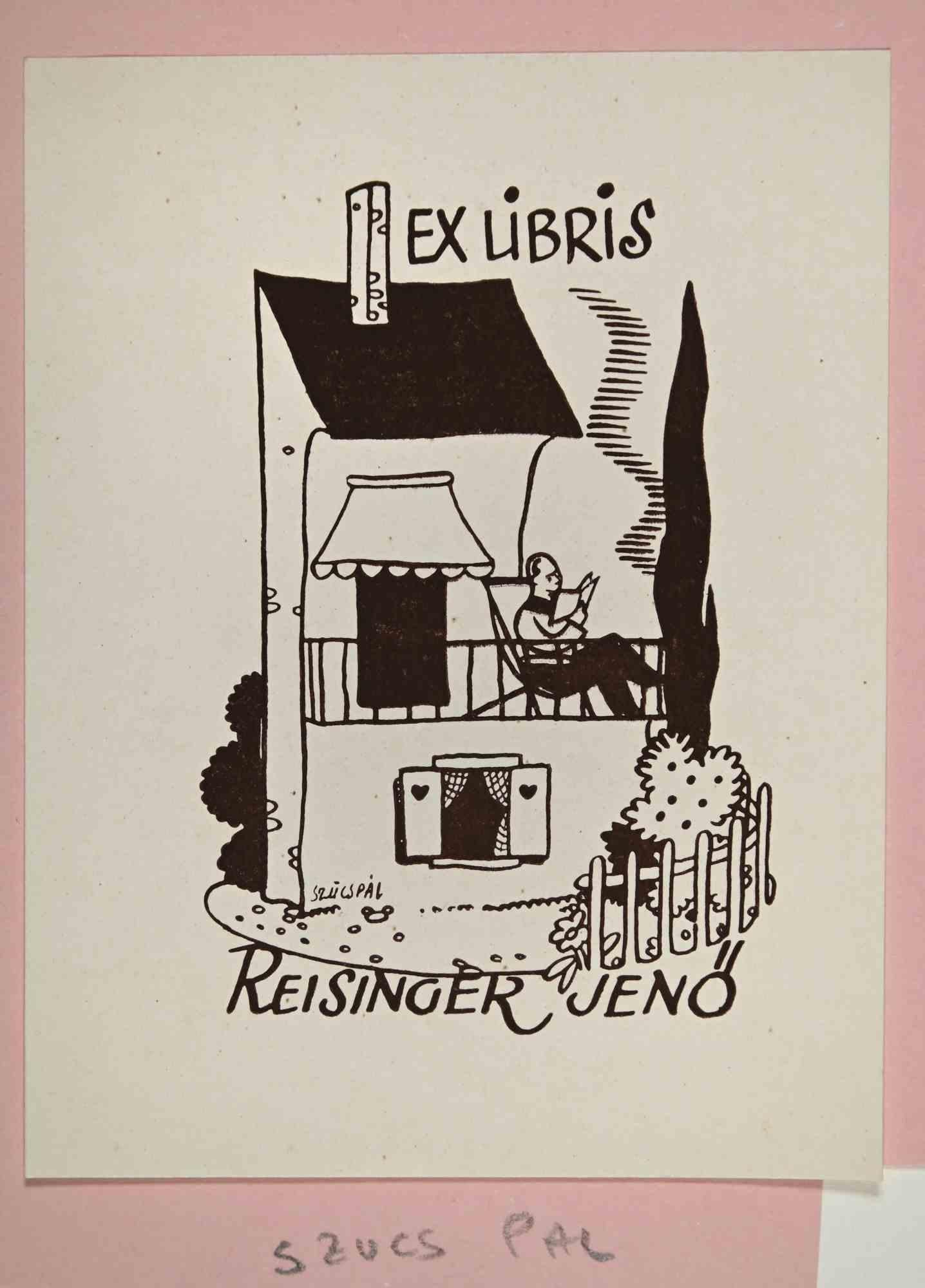 Figurative Print di Unknown - Ex-Libris - Reisinger Jeno - xilografia - Metà del XX secolo
