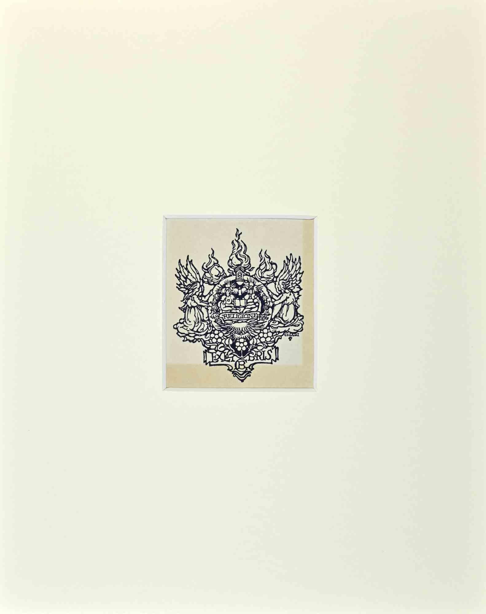 Unknown Figurative Print – Ex Libris  - Religione - Holzschnitt - Mitte des 20. Jahrhunderts