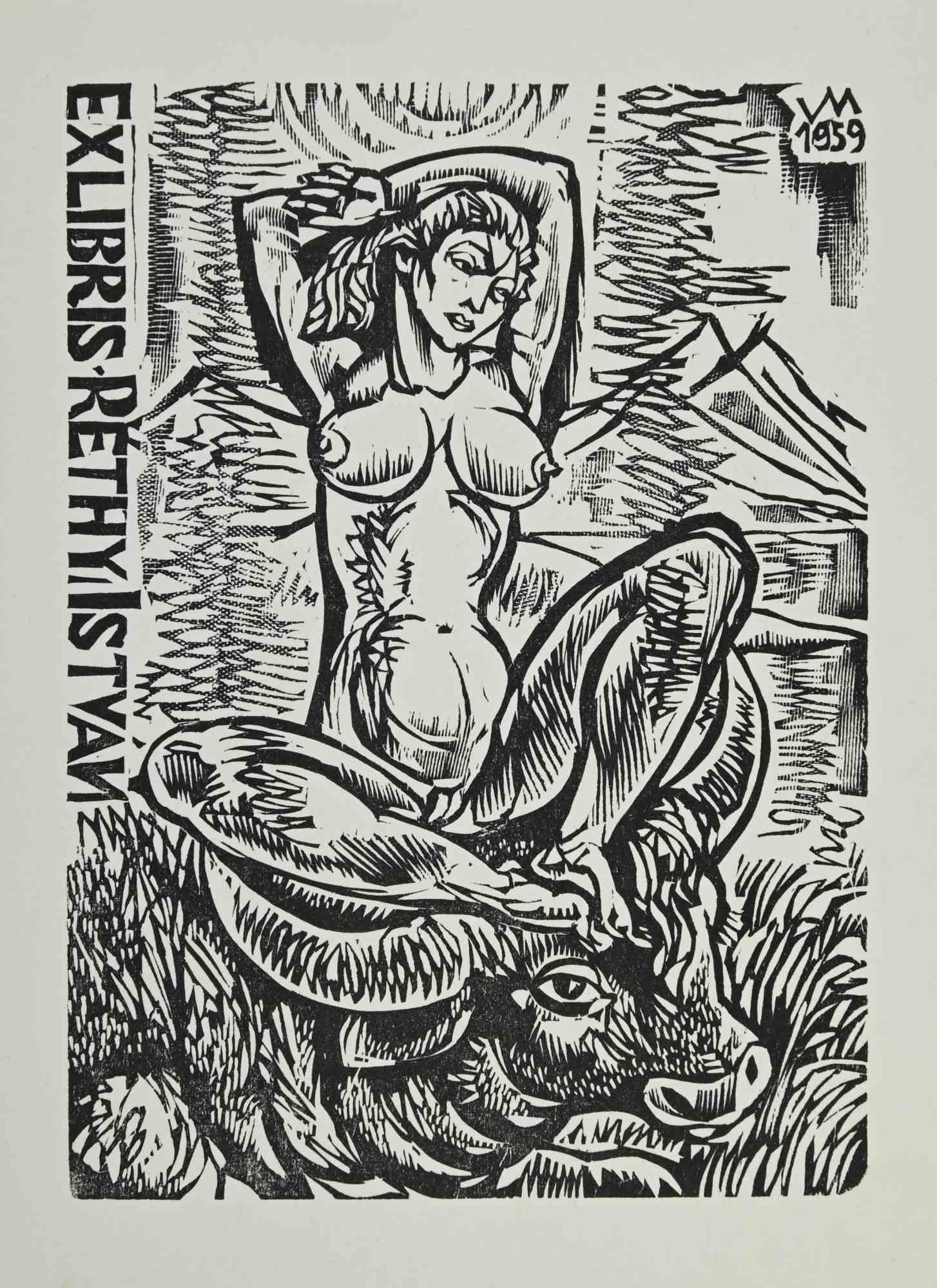 Unknown Figurative Print - Ex-Libris - Rethyistvan - Woodcut - Mid 20th Century