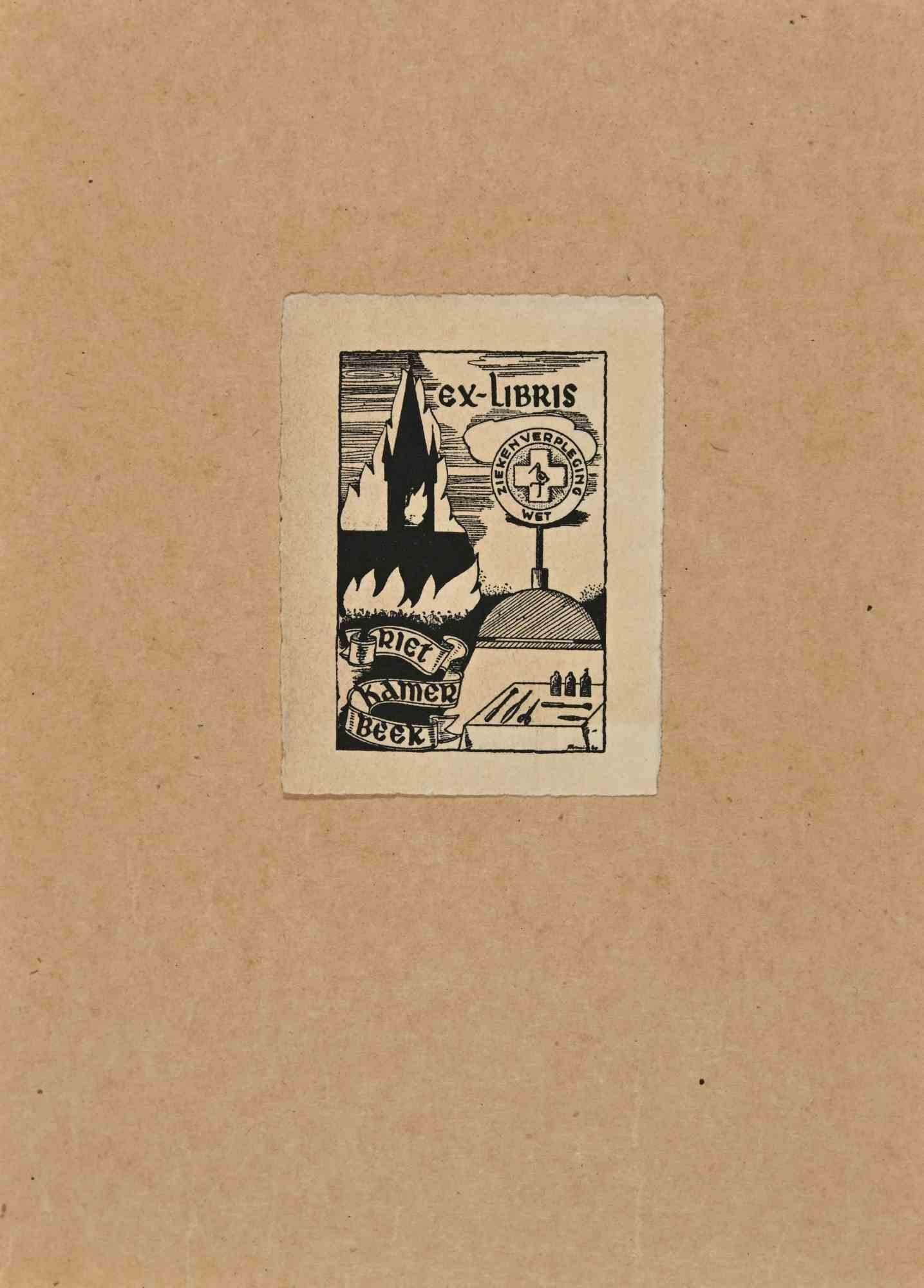 Unknown Figurative Print – Ex Libris – Riet Kamer Beek – Holzschnitt – Mitte des 20. Jahrhunderts