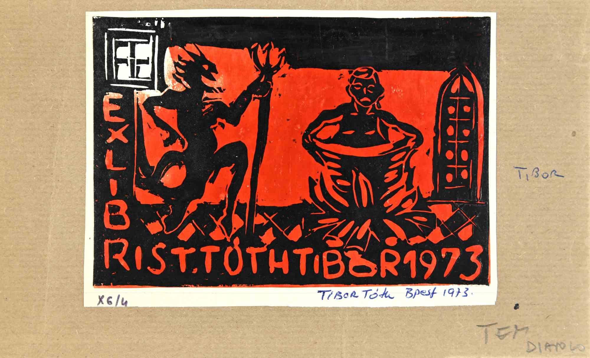 Unknown Figurative Print - Ex Libris - Risttothtibor 1973 - woodcut - Mid 20th Century