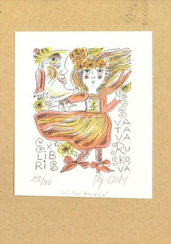 Ex Libris Ruskova - Litografia originale colorata ad acqua - Fine XX secolo
