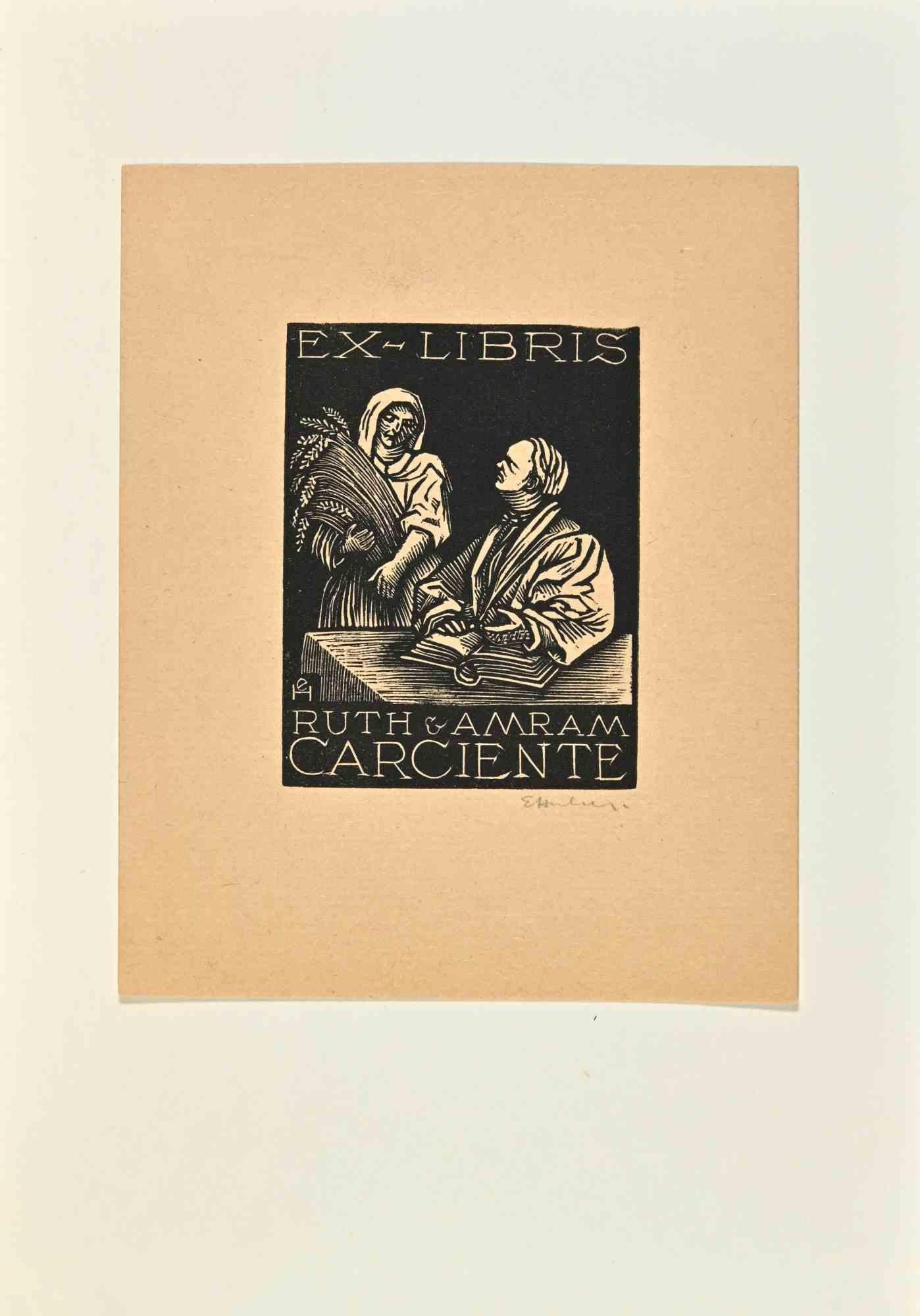 Unknown Figurative Print - Ex-Libris  - Ruth Amram Carciente - Woodcut - Mid 20th Century
