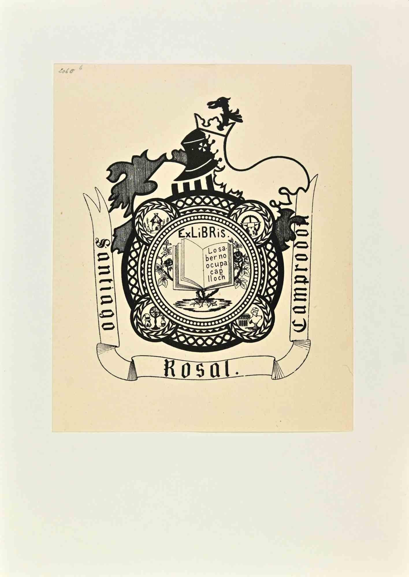 Unknown Figurative Print – Ex-Libris  Santiago Rosal Camprodor – Holzschnitt – Mitte des 20. Jahrhunderts