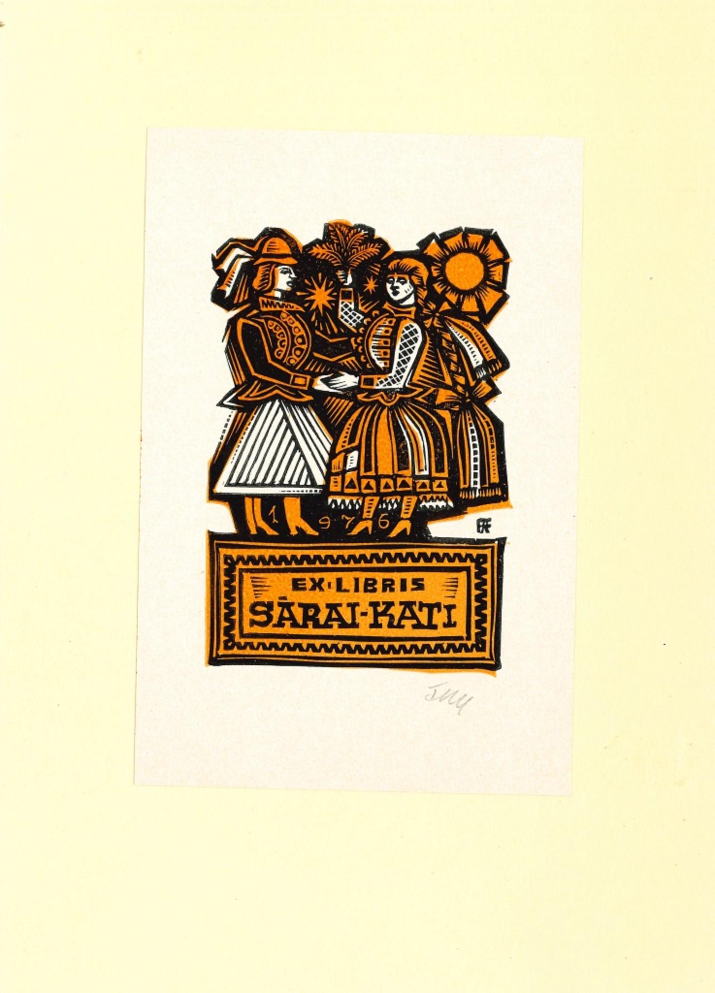 Unknown Figurative Print - Ex Libris Sarai Kati - Woodcut - Mid-20th Century