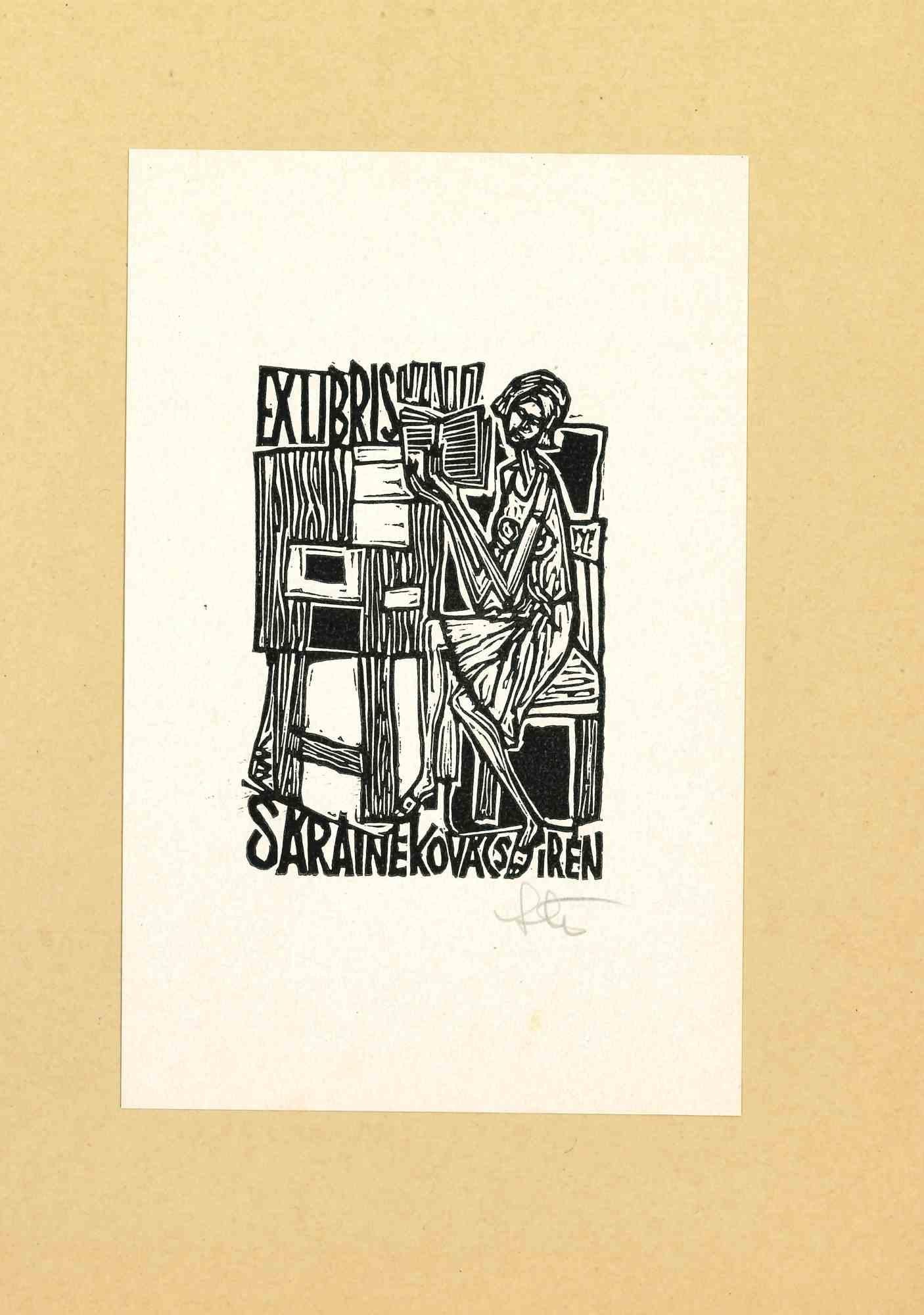 Unknown Figurative Print - Ex Libris Saraine - Original Woodcut - 1950