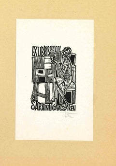 Vintage Ex Libris Saraine - Original Woodcut - 1950