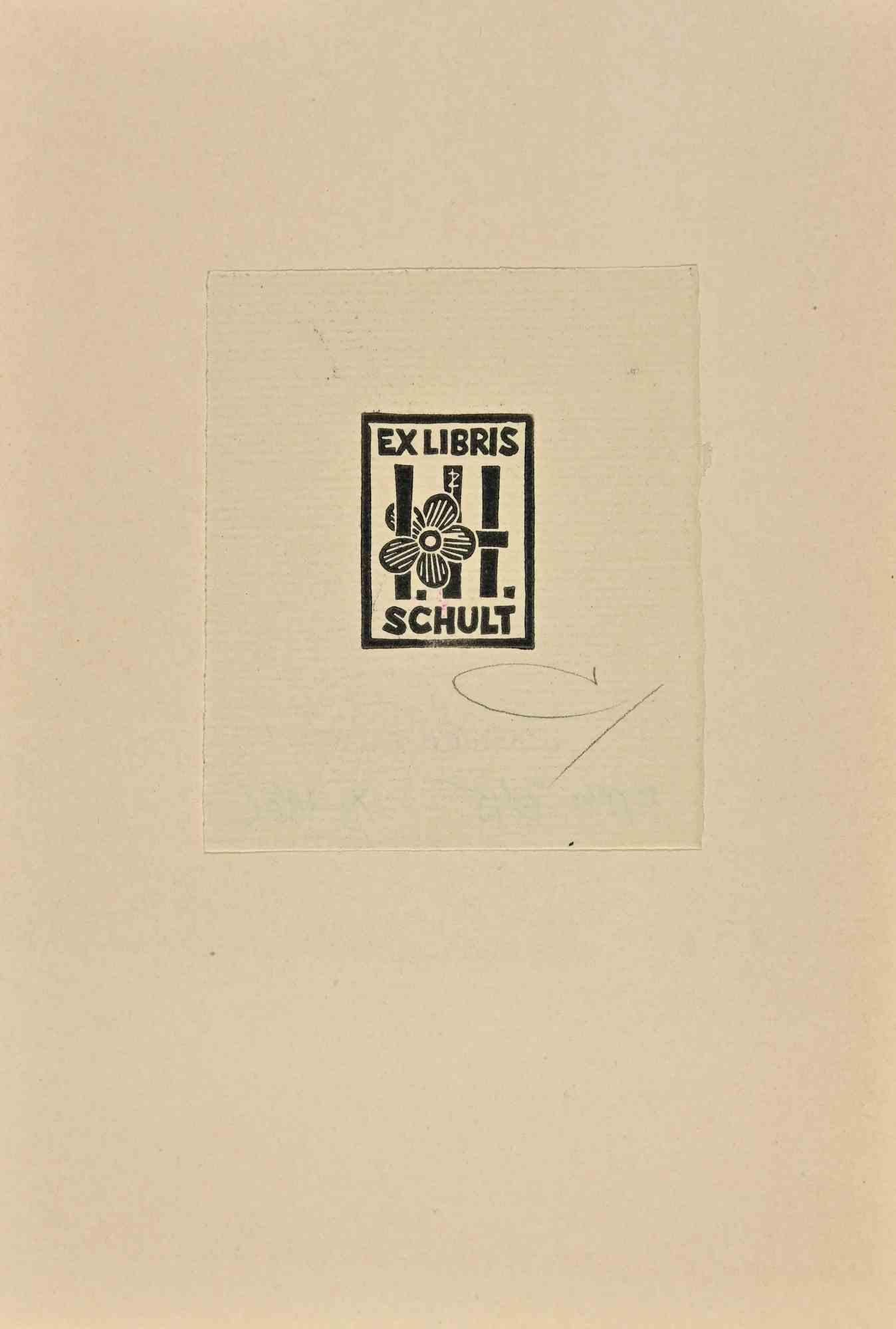 Unknown Figurative Print - Ex Libris - Schult - Woodcut - 1982