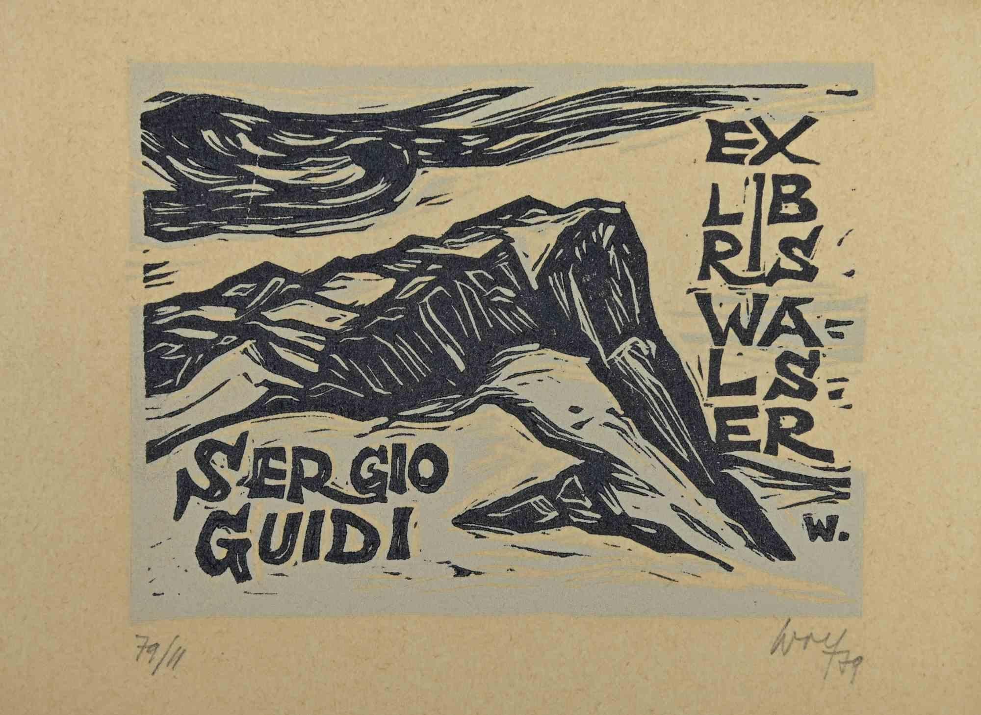 Unknown Figurative Print – Ex-Libris – Sergio Guidi – Holzschnitt – Mitte des 20. Jahrhunderts