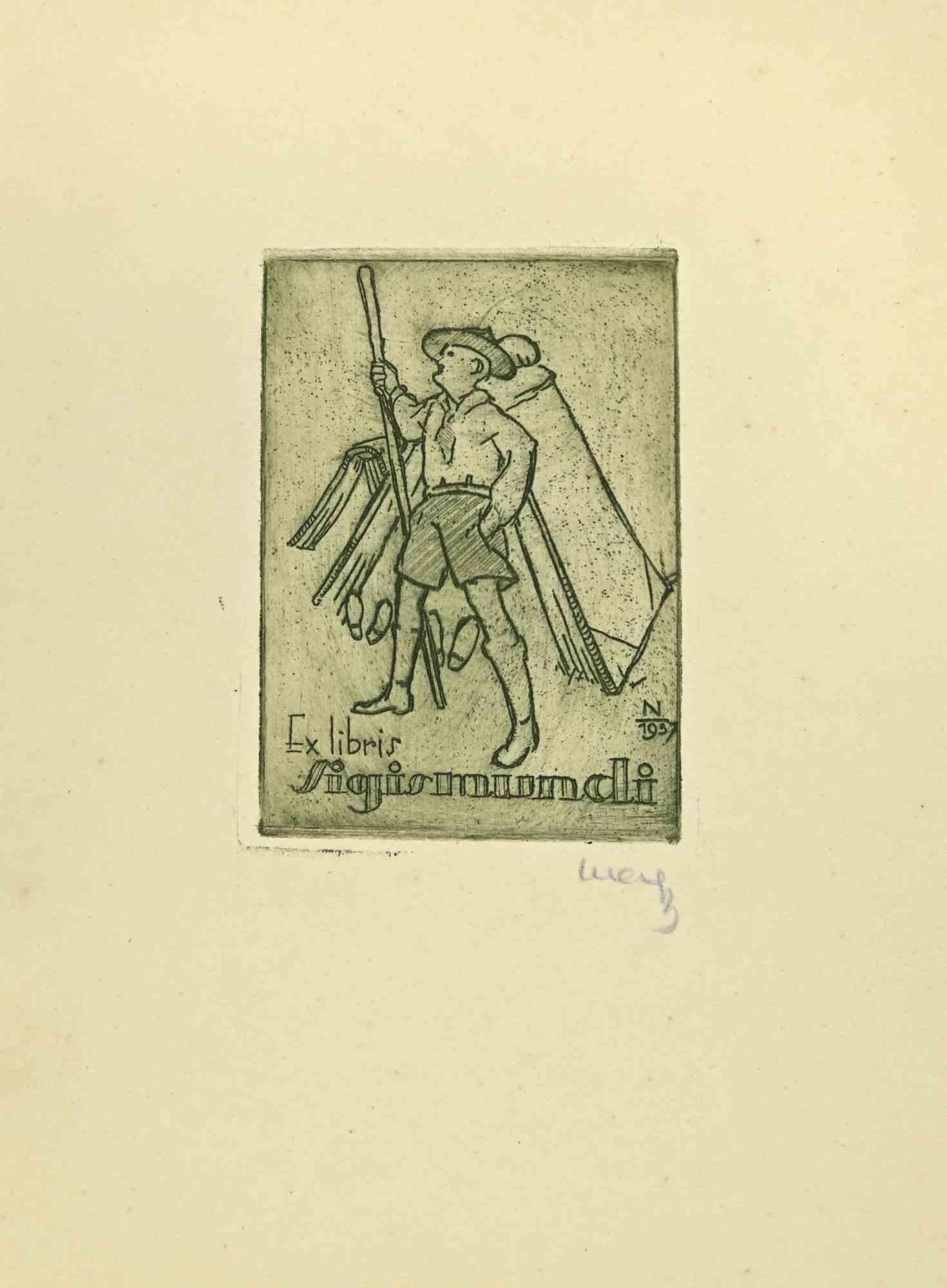 Unknown Figurative Print - Ex Libris - Sigismundi - woodcut - 1957