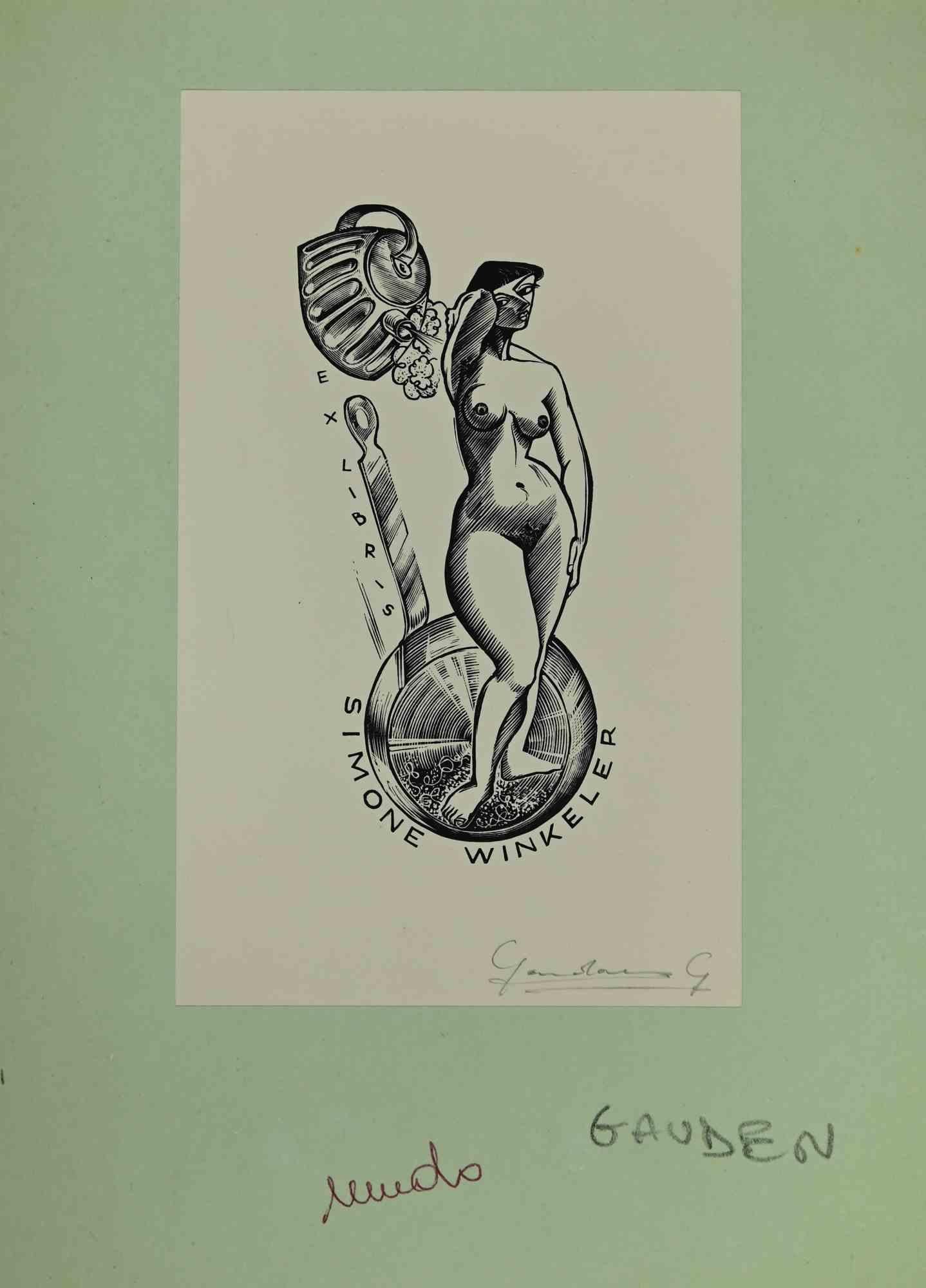 Unknown Figurative Print – Ex-Libris – Simone Winkeler – Mitte des 20. Jahrhunderts