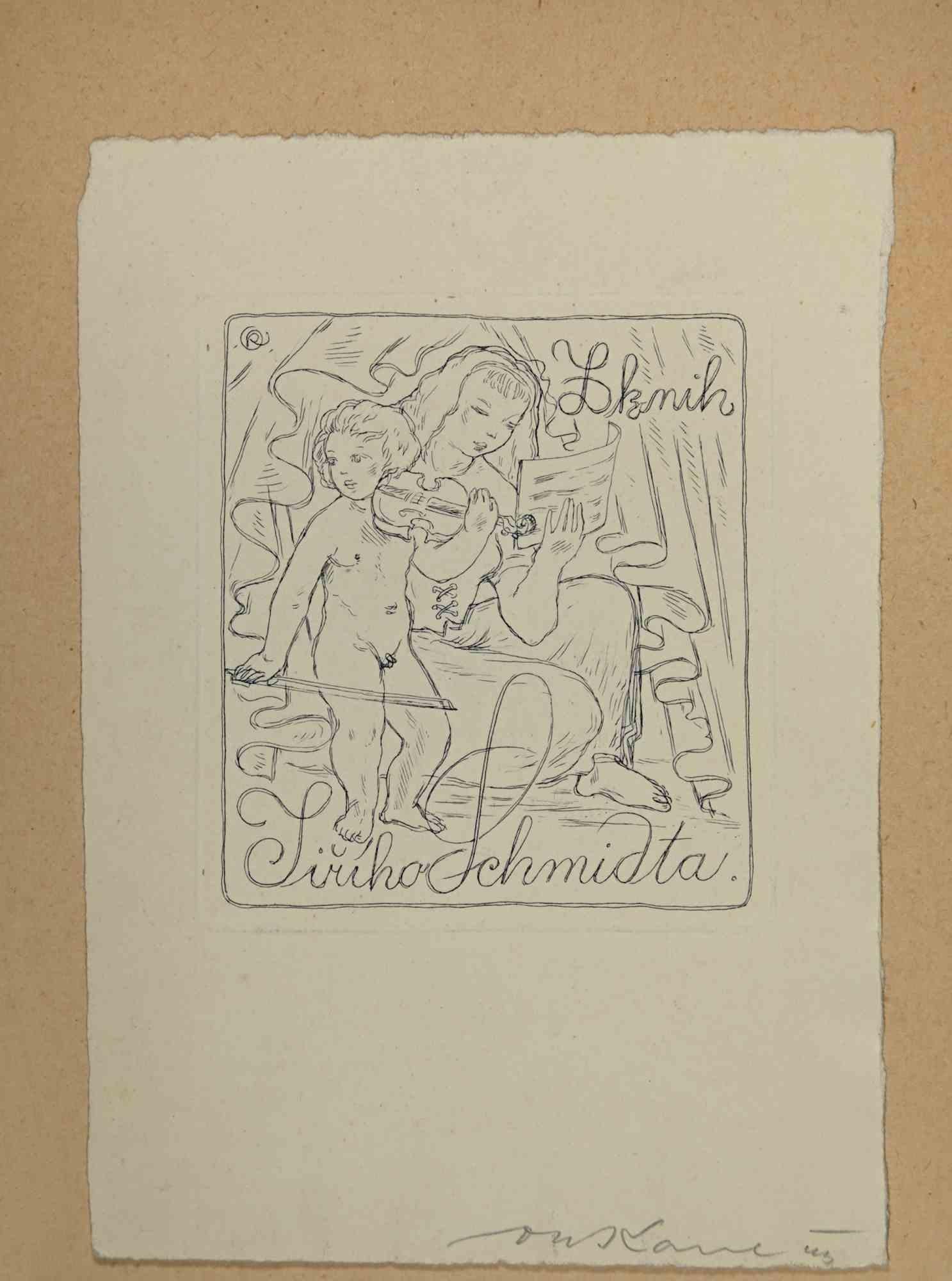 Unknown Figurative Print – Ex-Libris – Sireho Schmidta – Holzschnittdruck – Mitte des 20. Jahrhunderts