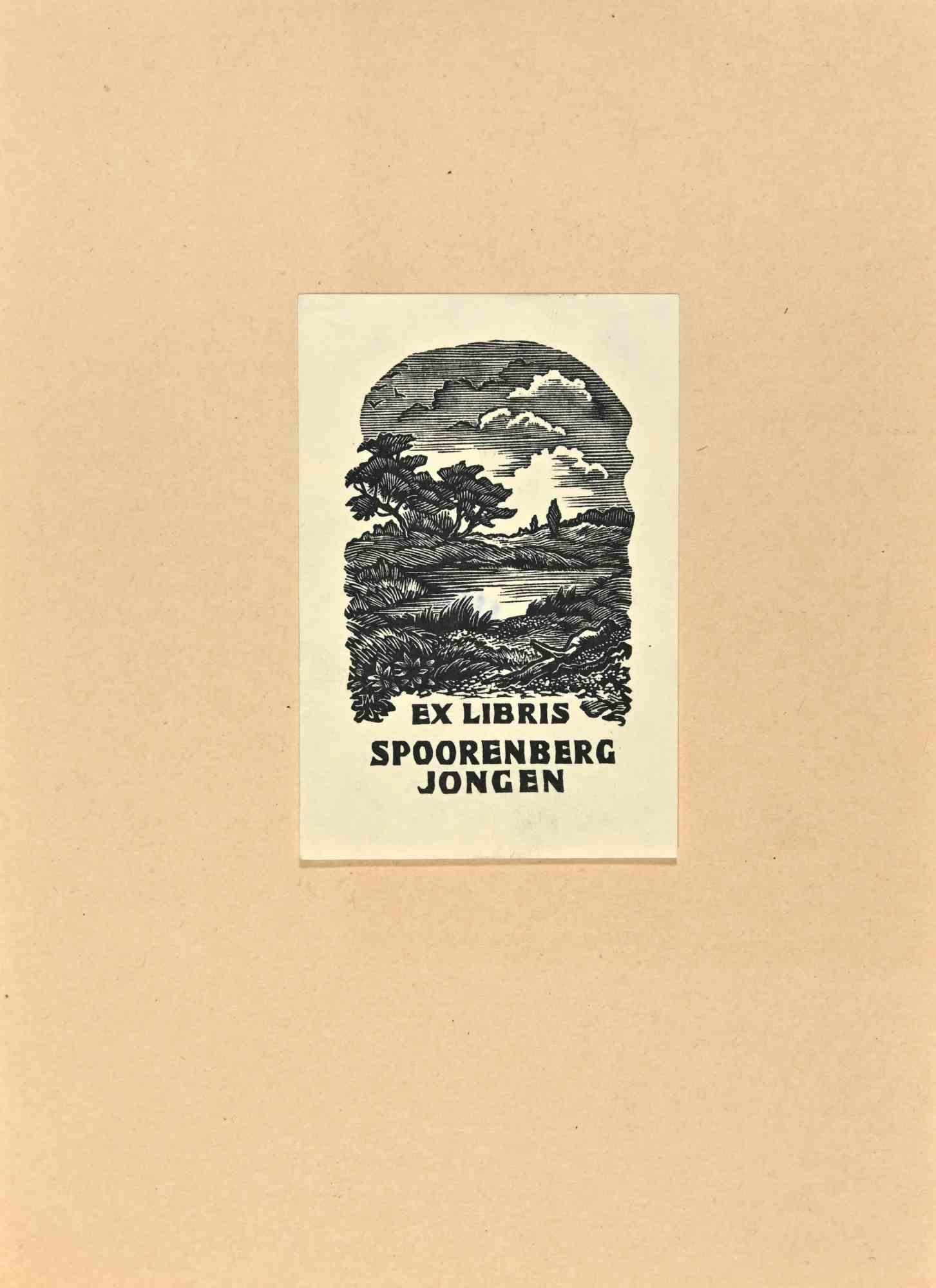 Unknown Landscape Print -  Ex Libris - Spoorenberg - Woodcut Print - Mid-20th Century