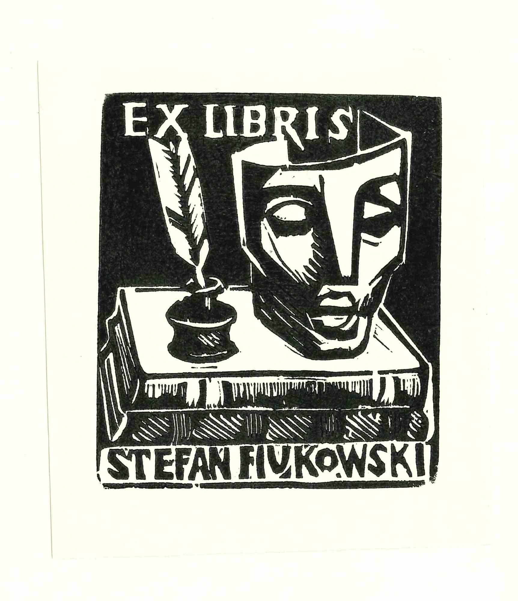 Unknown Figurative Print – Libris Stefan Fiukowski - Original-Holzschnitt - Mitte des 20. Jahrhunderts