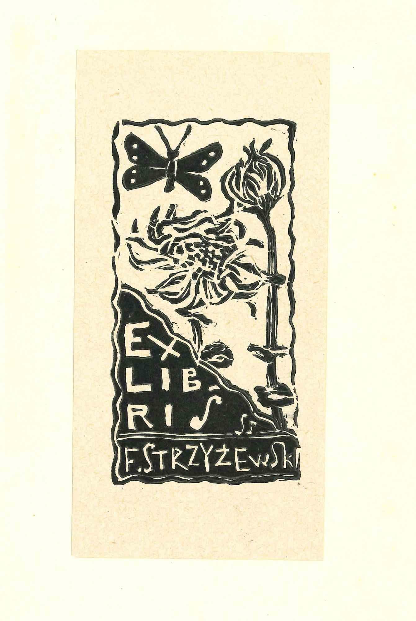 Figurative Print Unknown - Ex Libris Strzyzewski - gravure sur bois originale - milieu du XXe siècle
