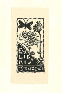 Ex Libris Strzyzewski - gravure sur bois originale - milieu du XXe siècle
