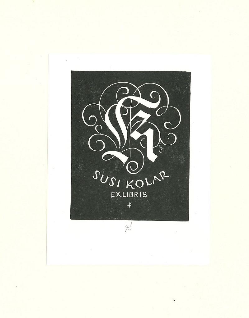 Figurative Print Unknown - Ex Libris Susi Kolar  - Gravure sur bois - Milieu du XXe siècle