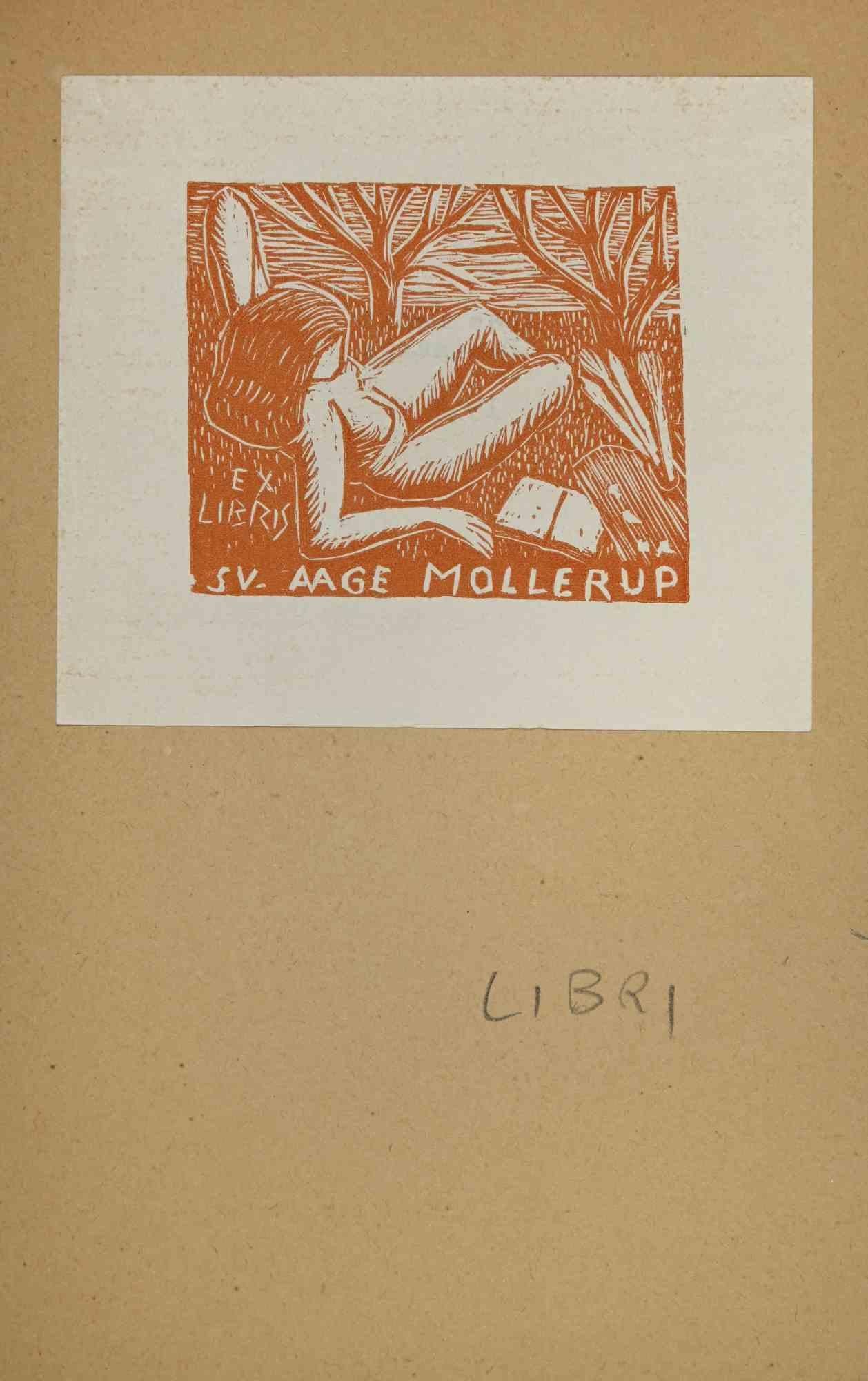 Unknown Figurative Print - Ex-Libris - Sv .AAge Mollerup - woodcut - Mid 20th Century