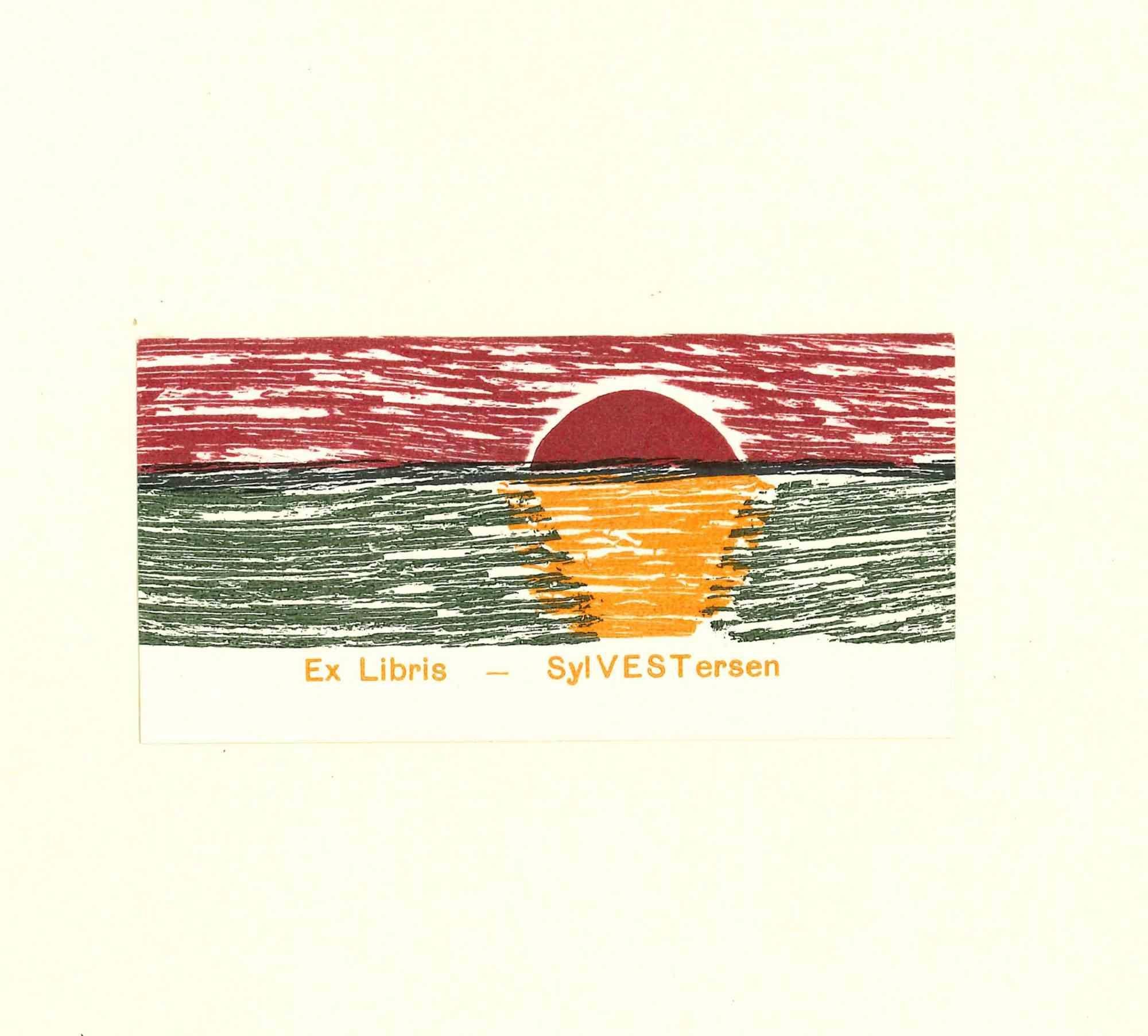 Unknown Figurative Print - Ex Libris Sylvestersen - Original Woodcut - 1950